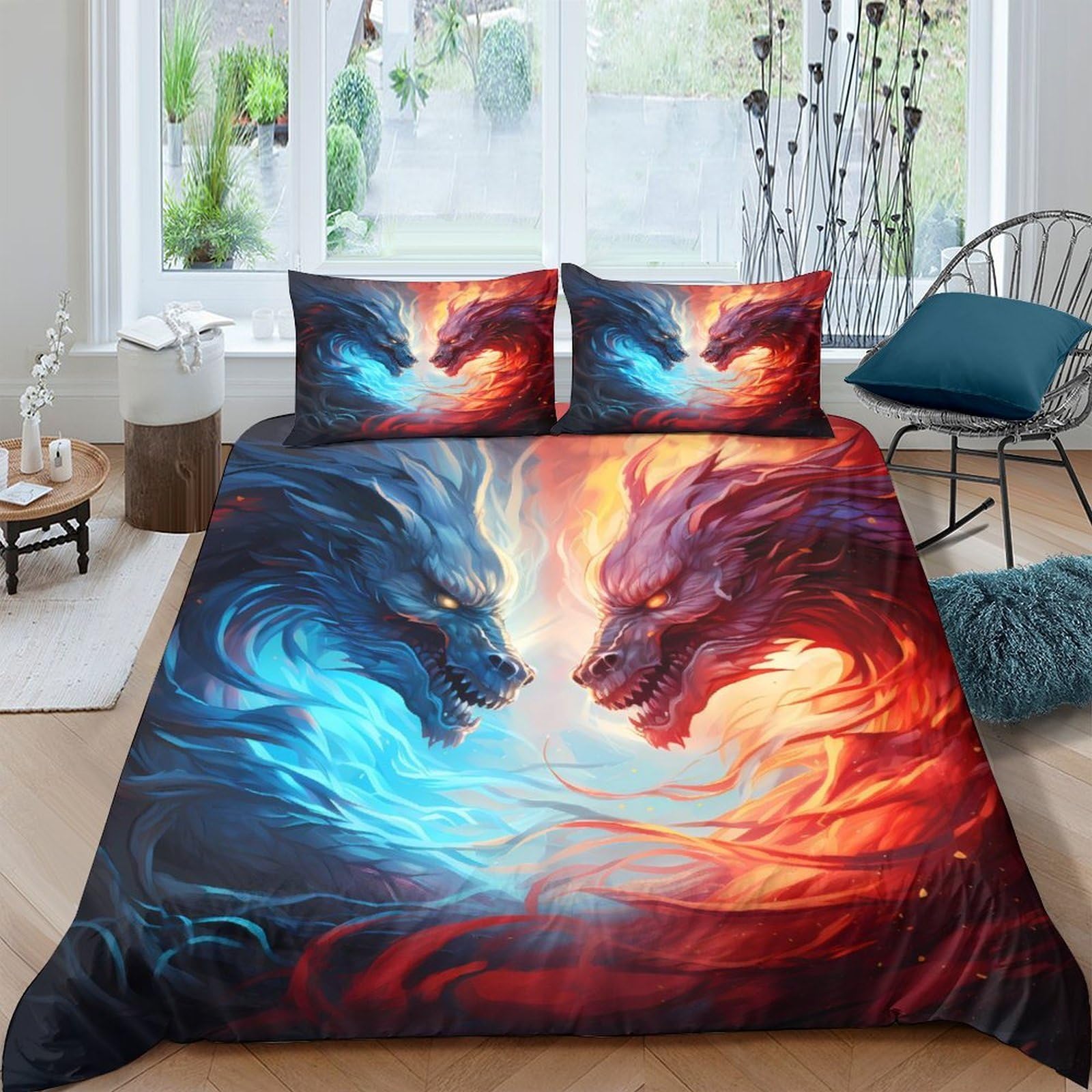 Ctjqhvkz Style-2 3D Printed Fire Dragon Fitted Sheet Microfiber Soft Breathable Ice Dragon Mattress Cover For Bedroom Dorm Decor Single（135X200cm）