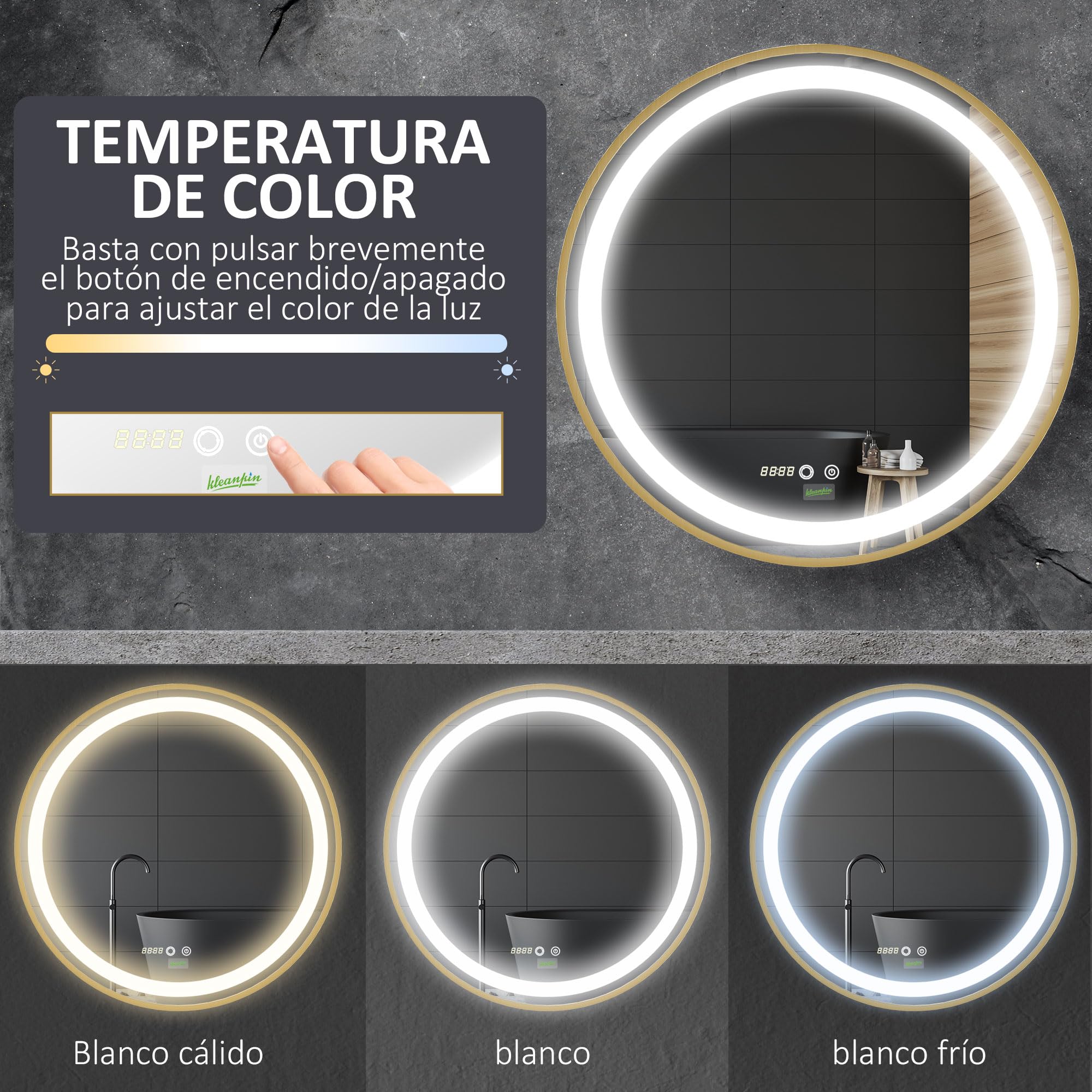 kleankin Espejo de Baño con Luz LED Ø60x4 cm Espejo Redondo 3 Luces Dorado | Interruptor Táctil, Ajustable, Visualización de Temperatura y Hora, Función de Memoria, Marco de Aluminio