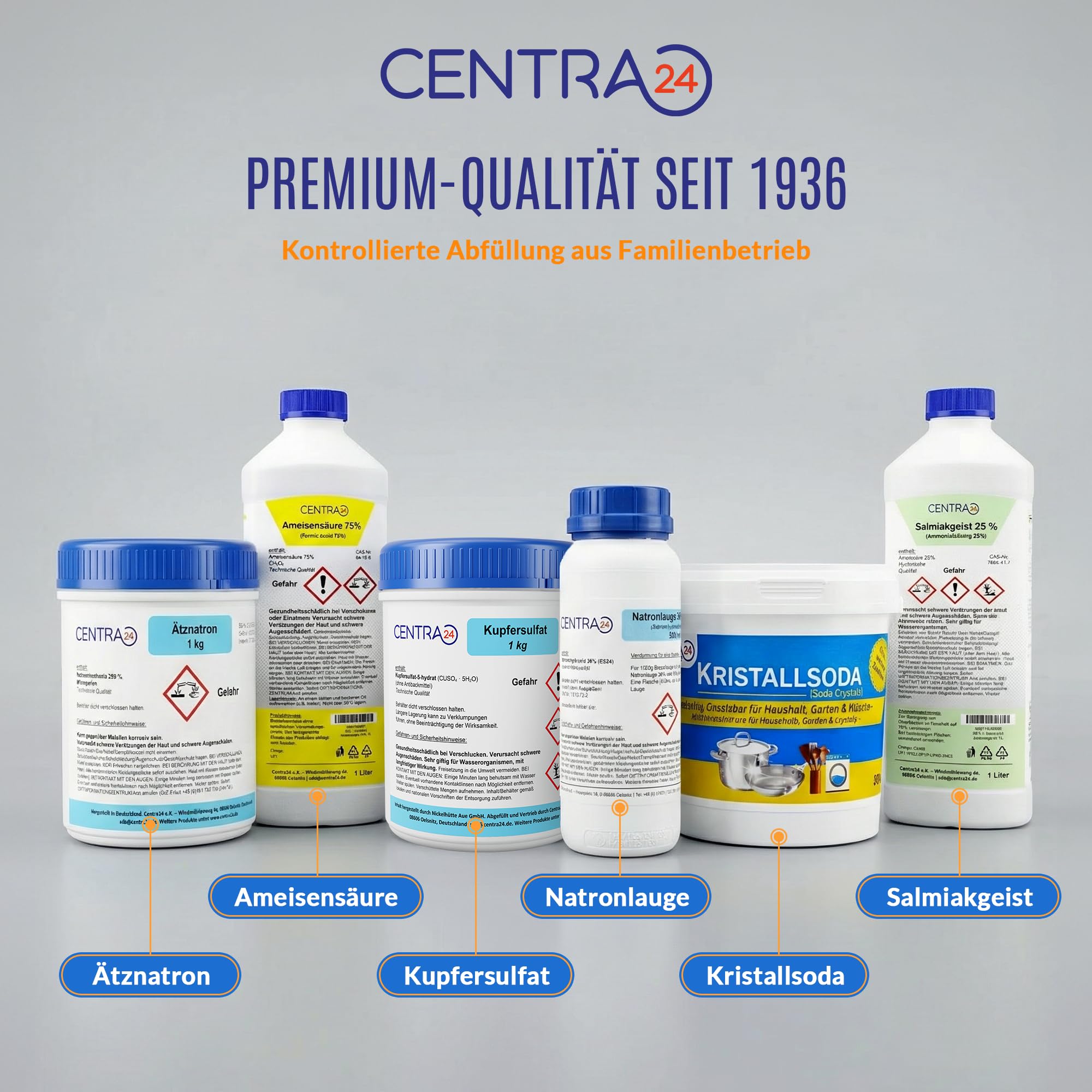 Kupfersulfat 1kg in Dose von Centra24, Made in GERMANY, ohne Antibackmittel, Kupfervitriol, Kupfer-II-sulfat-5-hydrat, CUSO4 5H2O, Kristallzucht, Blaustein, Verkupfern,