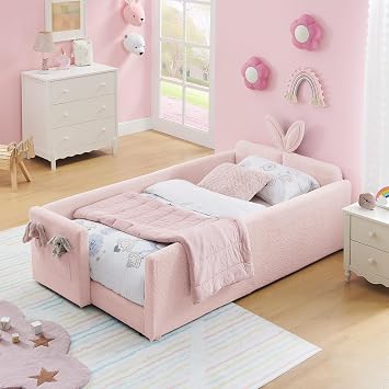Twin Size Boucle Upholstered Floor Bed, Princess Platform Bed with Cute Rabbit Ear Shaped Headboard, Safety Rail and Pockets, Soft Single Bedframe for Girls and Boys Bedroom, Easy to Assemble, Pink