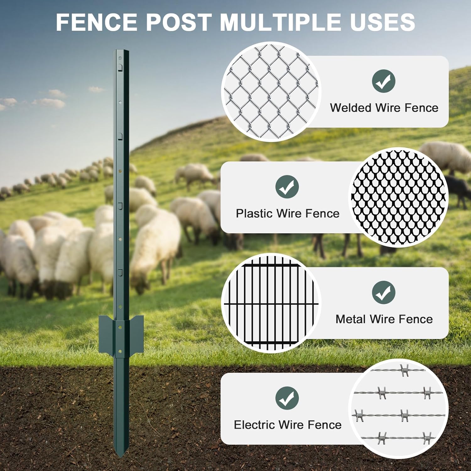 10 pack metal fence post, 6 feet heavy duty garden with u-post, no dig garden fence stakes for temporary fencing, corner anchor 6ft-10pcs