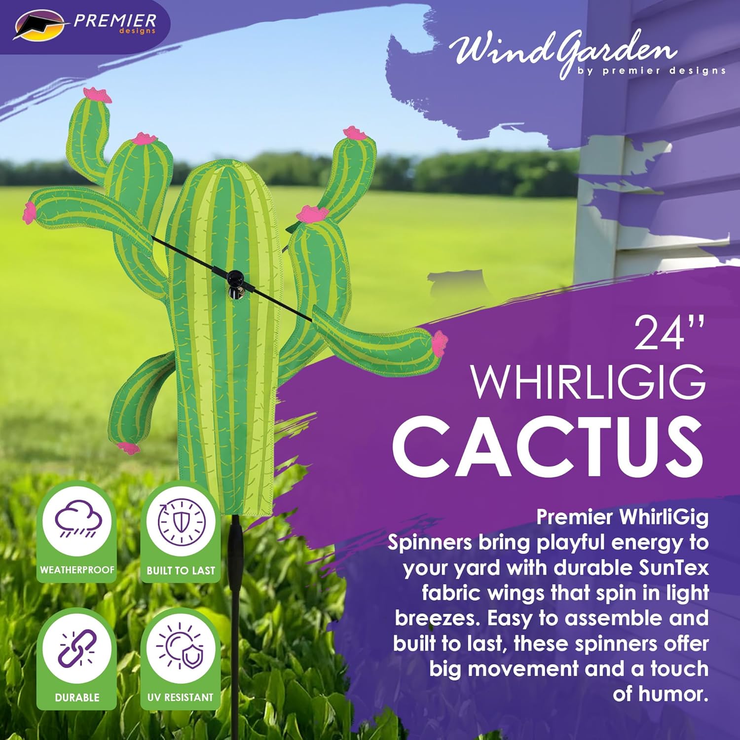 Whirligig Spinner Cactus 24" – Desert-Inspired Outdoor Decor, Weather-Resistant Design, Durable & Lightweight for Patios, Yards, and Gardens - Eye-Catching Wind Spinner