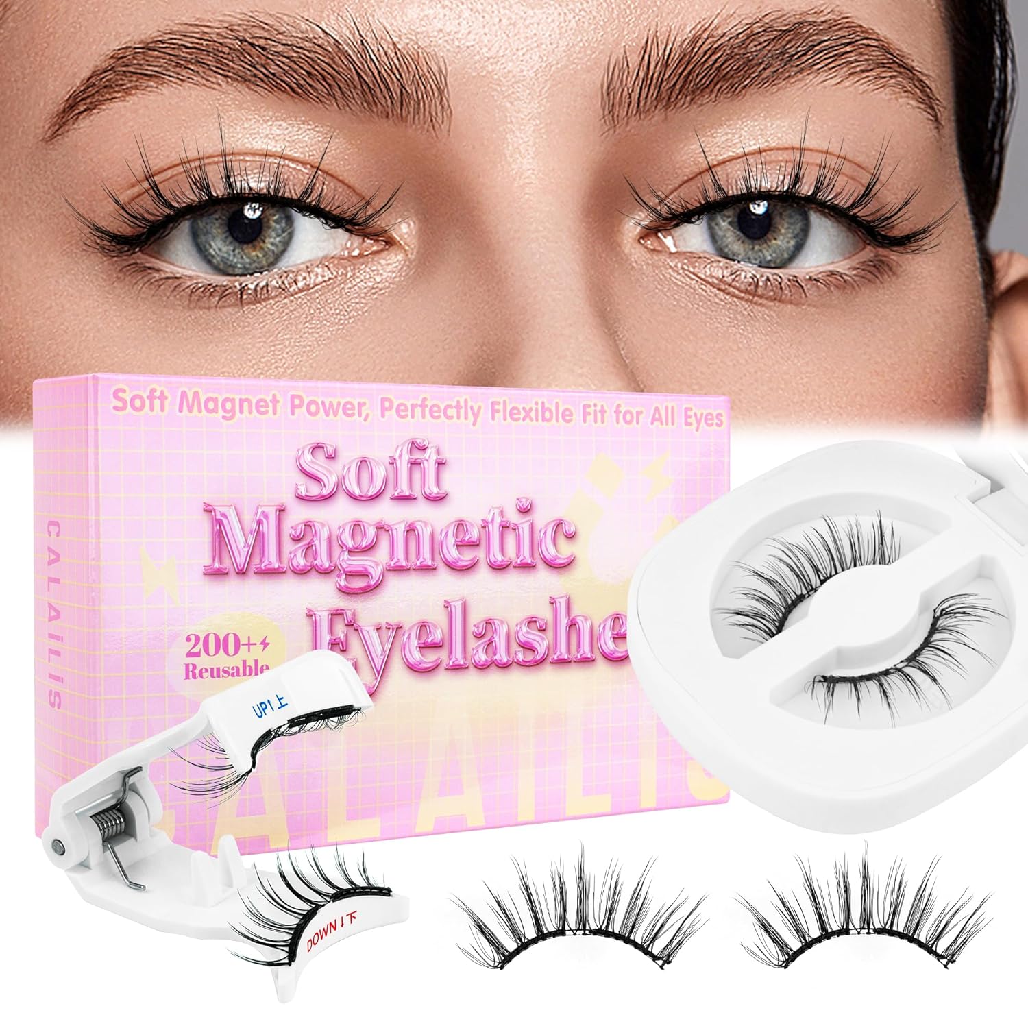 CALAILIS Magnetic Eyelashes with Applicator Soft Magnetic Lashes Natural Look Reusable Magnetic Eyelashes without Eyeliner No Glue Needed Soft Eyelashes Magnetic Lashes for All Day Comfort (RC01)