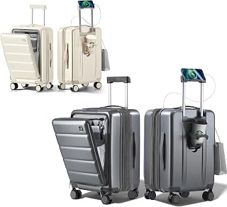 Milky White Carry on 20IN + Grey Check In 24IN Expandable Luggages,Front Pocket Hardside Travel Suitcase Unbreakable -with Cup Holder,USB Charge,Side Pothook, 360°Spinner Wheels, TSA Lock