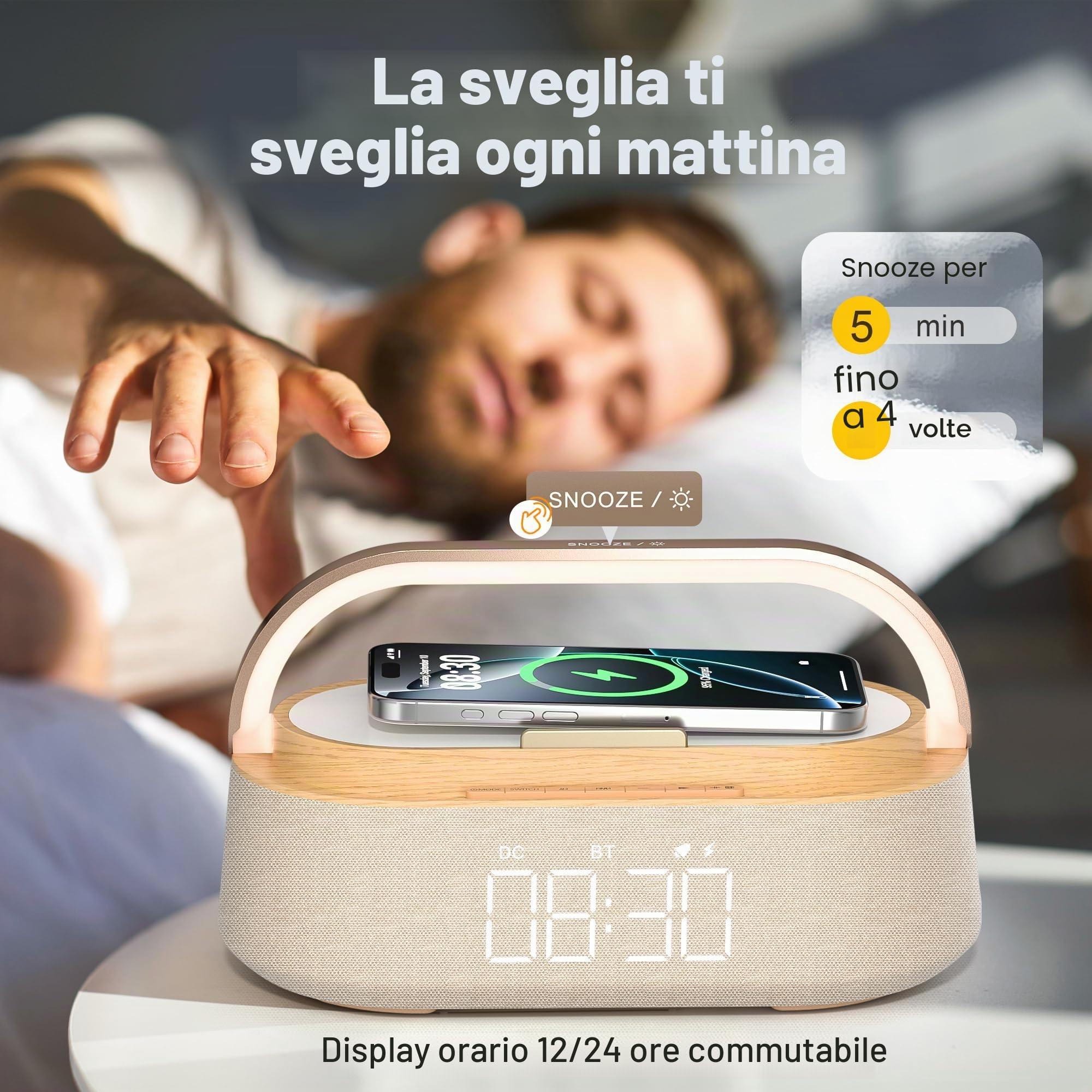 COLSUR Radiosveglia Digitale con Ricarica Wireless, Radio FM Sveglia con Allarme, Bluetooth Speaker, USB Luce Notturna, Display LED