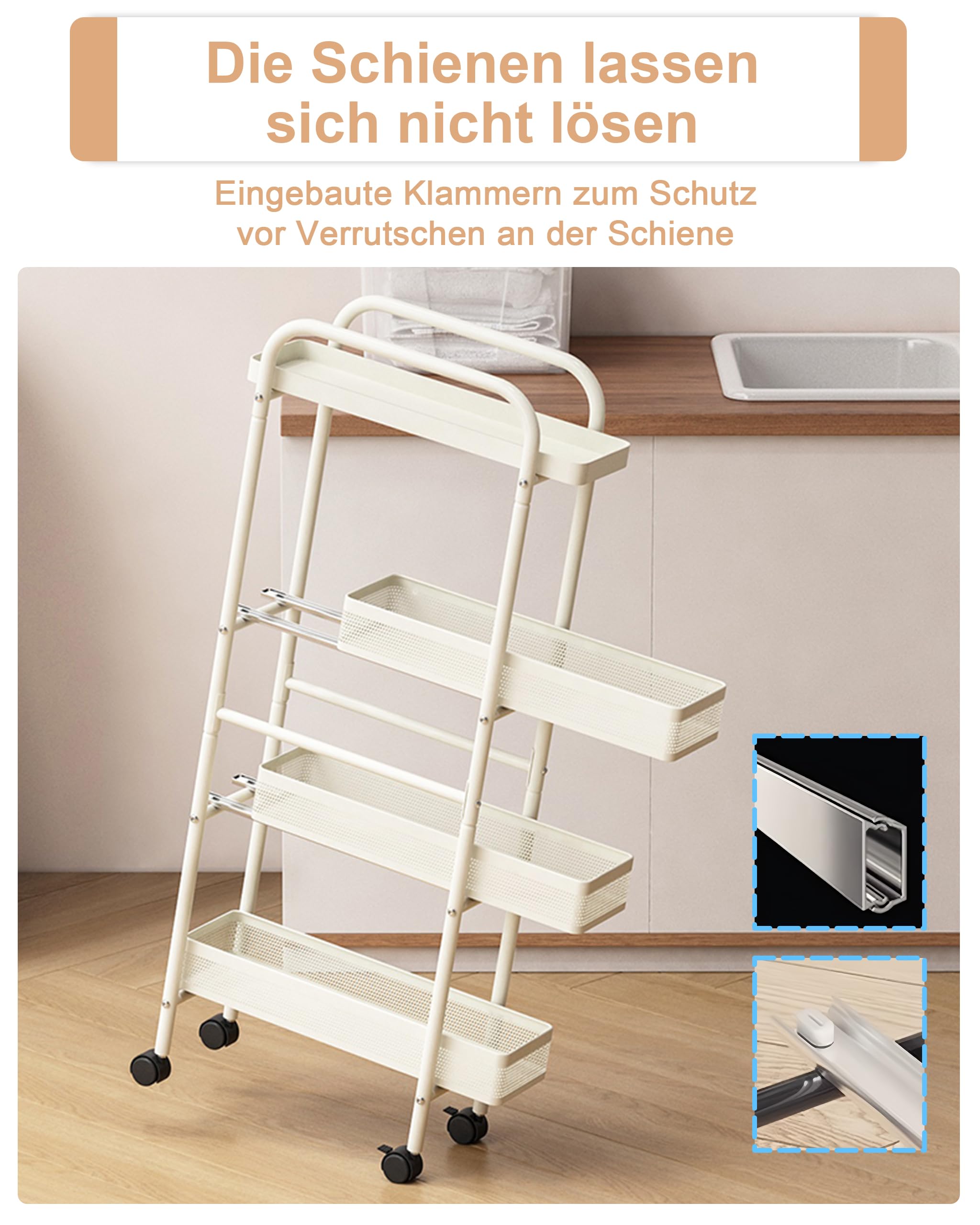 UMDONX Metall Küchenwagen Schmal mit Ausziehbare Schubladen,Nischenwagen Rollwagen 4 Ebenen,Nischenregal auf Rollen für Kleine Räume,Küche,Wohnzimmer,Arbeitszimmer,Bad(Weiß)