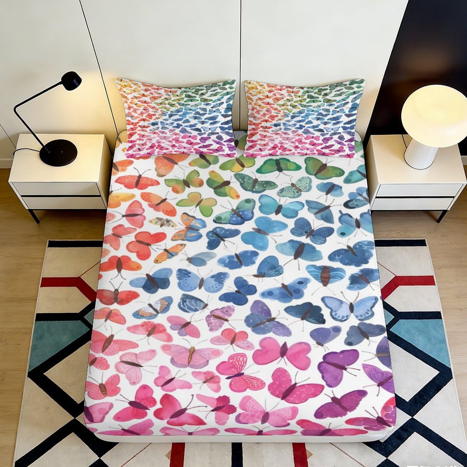 3D Printed Colorful Butterfly Fitted Sheet Microfiber Soft Breathable Rainbow Butterflies Mattress Cover for Bedroom Dormitory Guest Room Mattress Protection Decor 200x200x25cm