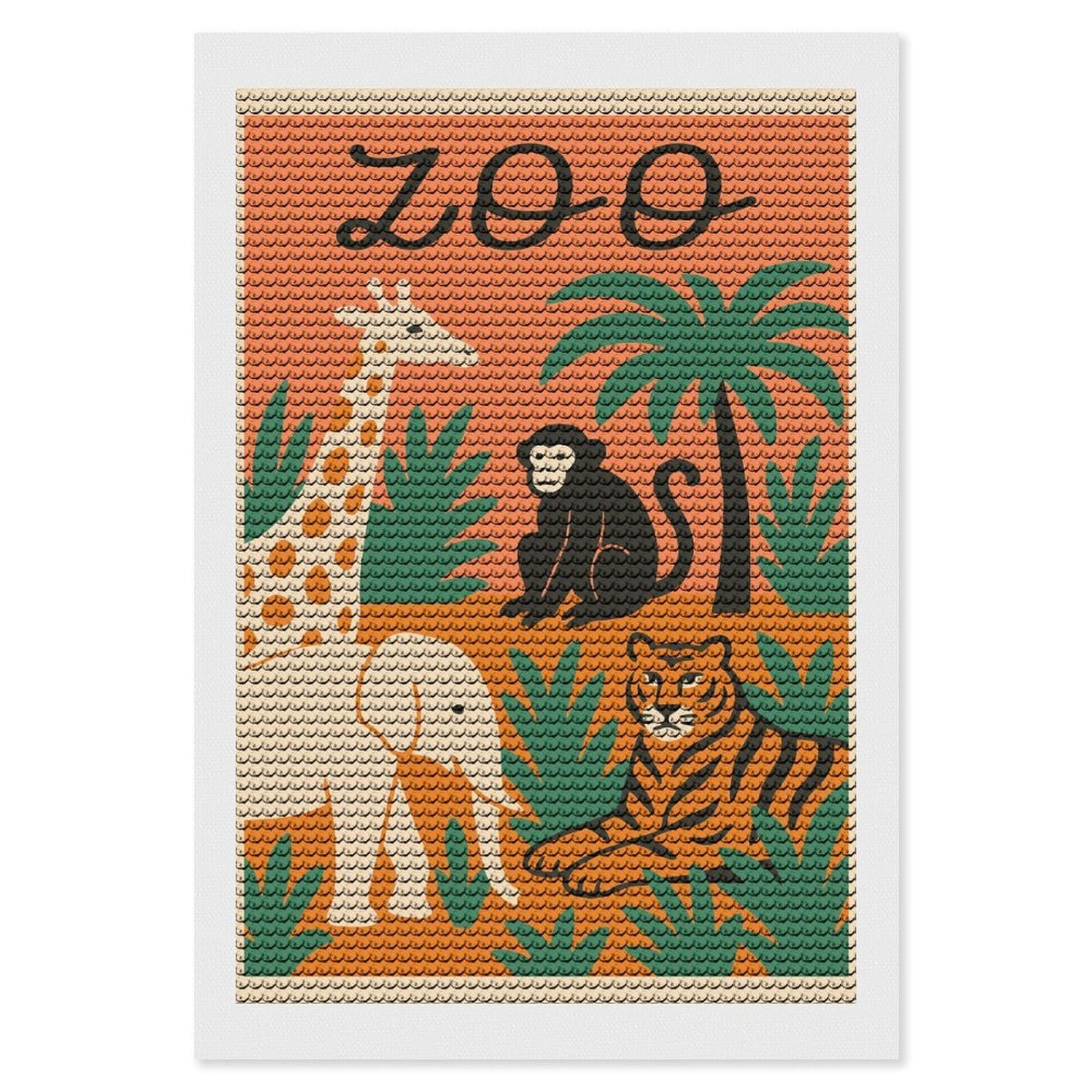 Junmoney Zoo Animals Illustration Diamond Painting Canvas Set 8"x12", for Women, Pleasing Wall Art Project, Aesthetic Room Decor, Gift Idea