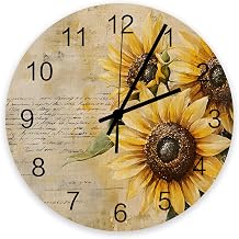 Sunflower Wall Clock Silent Non Ticking Welcome Retro Summer Botanical Pastoral Large Wall Clocks Battery Operated Decor for Home Kitchen Living Room Bathroom Office School Bedroom, 11.8 Inch