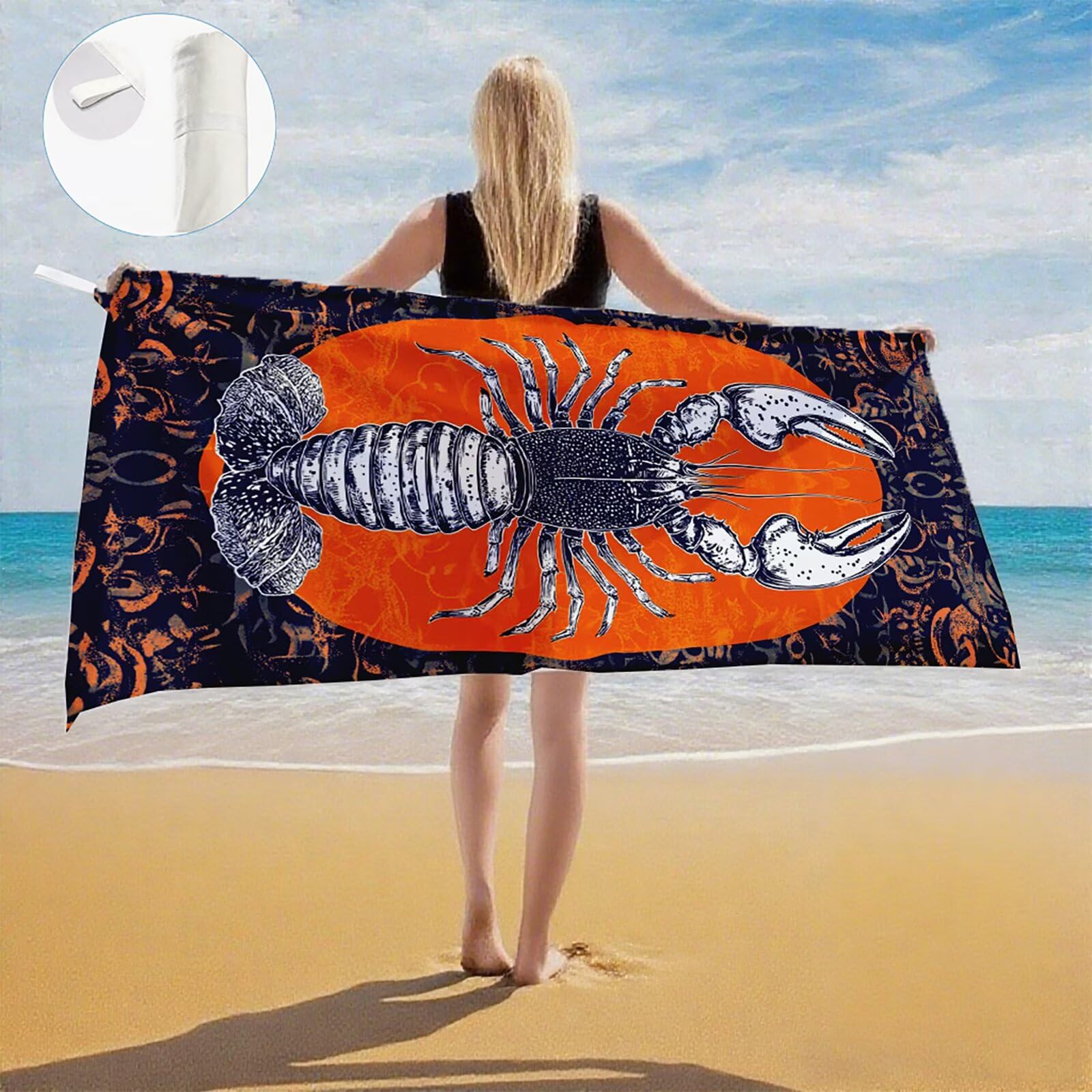 Telo Mare Microfibra, Telo Mare Grande 200x100 cm Set da 2, Antisabbia Asciugatura Rapida Assorbente Salvietta da Spiaggia Asciugamano per Palestra Piscina Viaggi Picnic, Regali Donna Aragosta Q-714