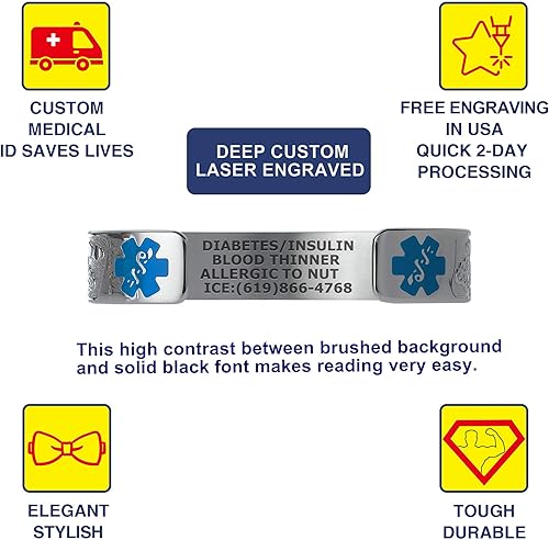 Vista 18 de Divoti Pulseras de alerta médica grabadas personalizadas para mujer, pulsera médica de acero inoxidable, pulsera de identificación médica