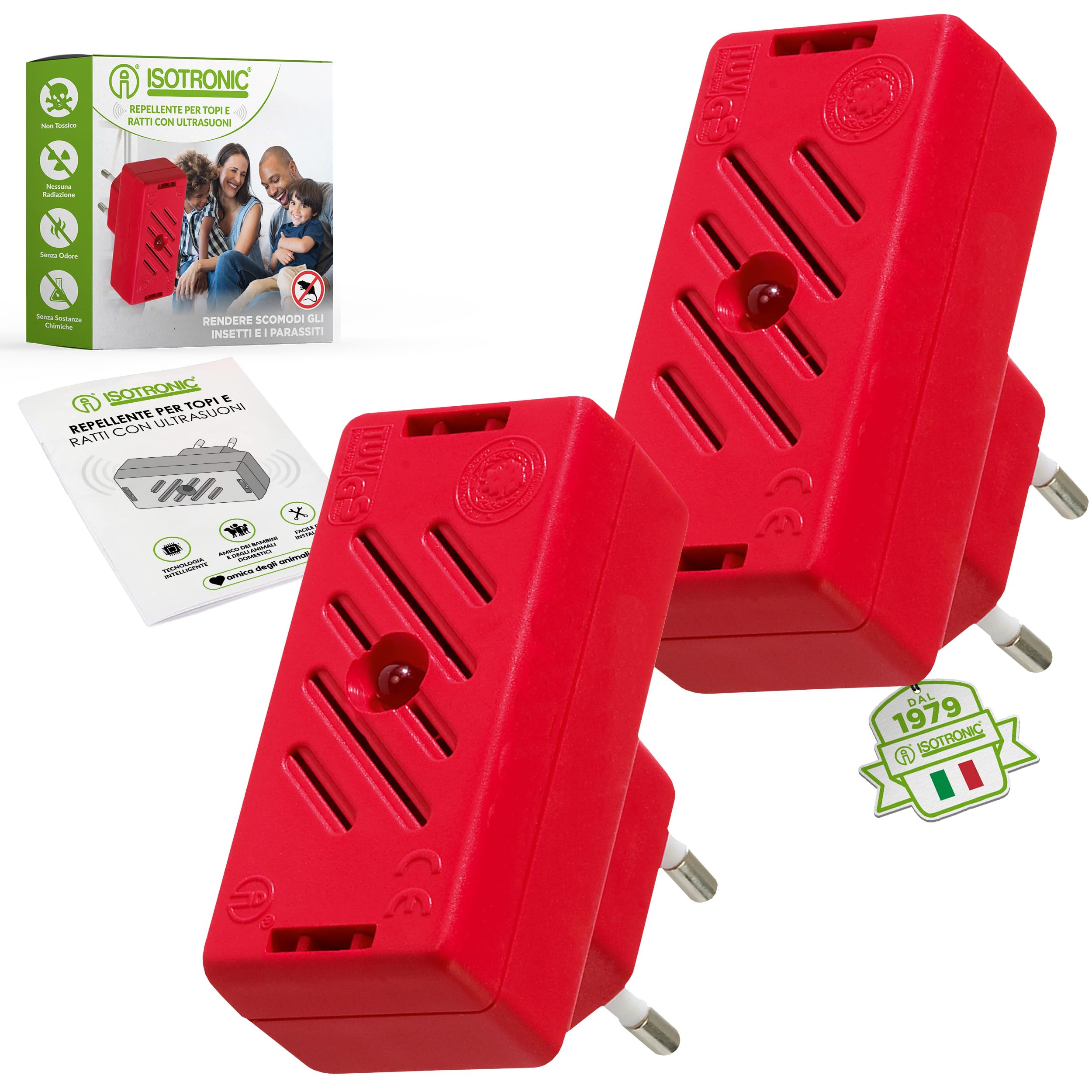 ISOTRONIC repellente topi ultrasuoni allontanare ratti parassiti soffitte cantine garage dissuasore senza veleno trappole portata 30m² 2 unità efficace interno casa protezione difesa stop mobile