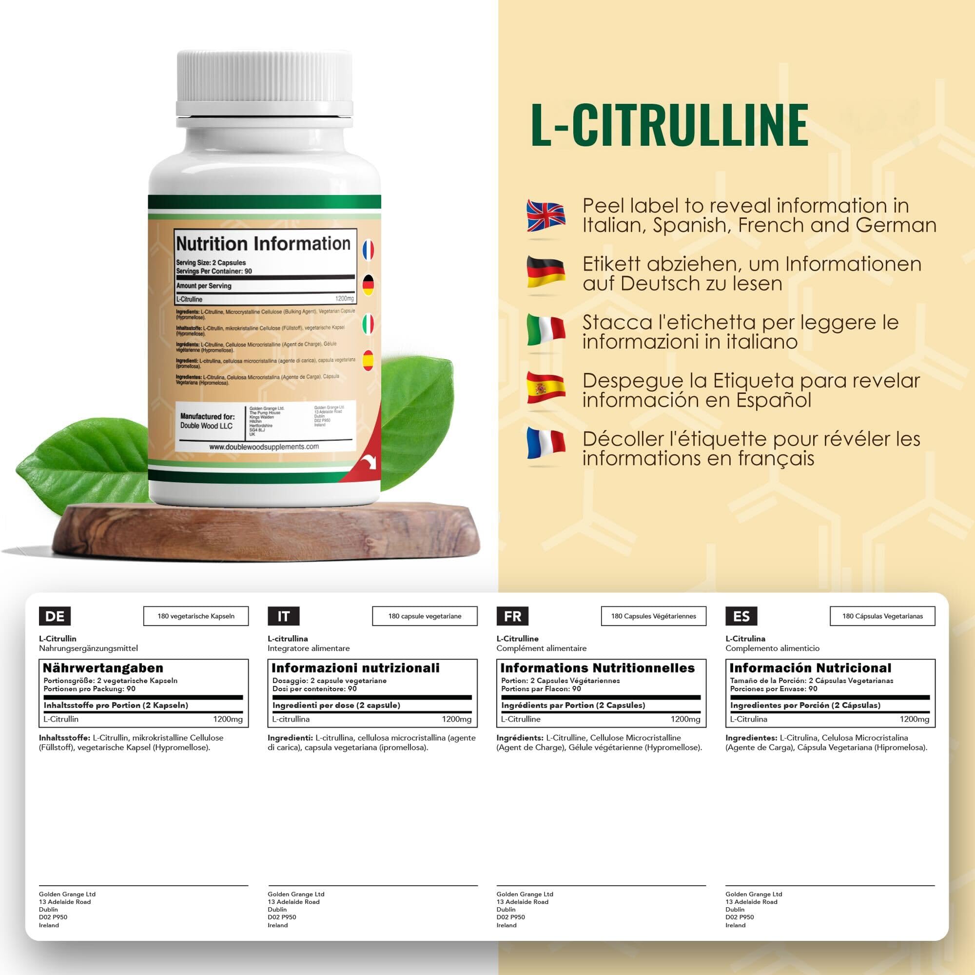 Double Wood L-Citrullin | 180 Citrullin Kapseln – 1200 mg pro Portion | Nahrungsergänzungsmittel mit Stickstoffmonoxid | Gentechnik- und glutenfrei (180 Kapseln)