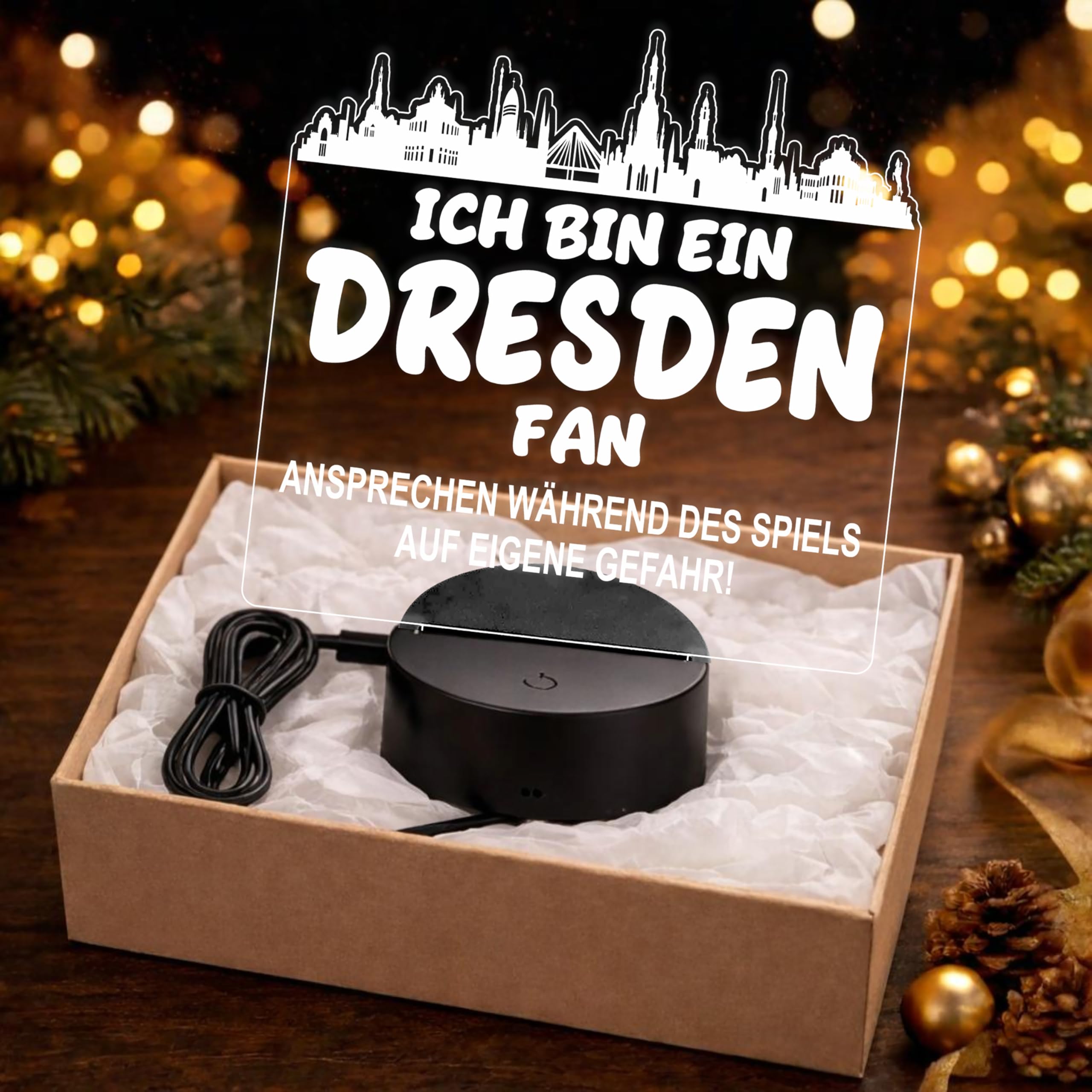 Lieblingsmensch Dresden Fan Fußball LED Nachtlicht – 3D Skyline Design „Ansprechen auf eigene Gefahr“ – RGB Farbwechsel mit Fernbedienung & Touch – Stimmungslicht für die Man Cave – 19x23cm