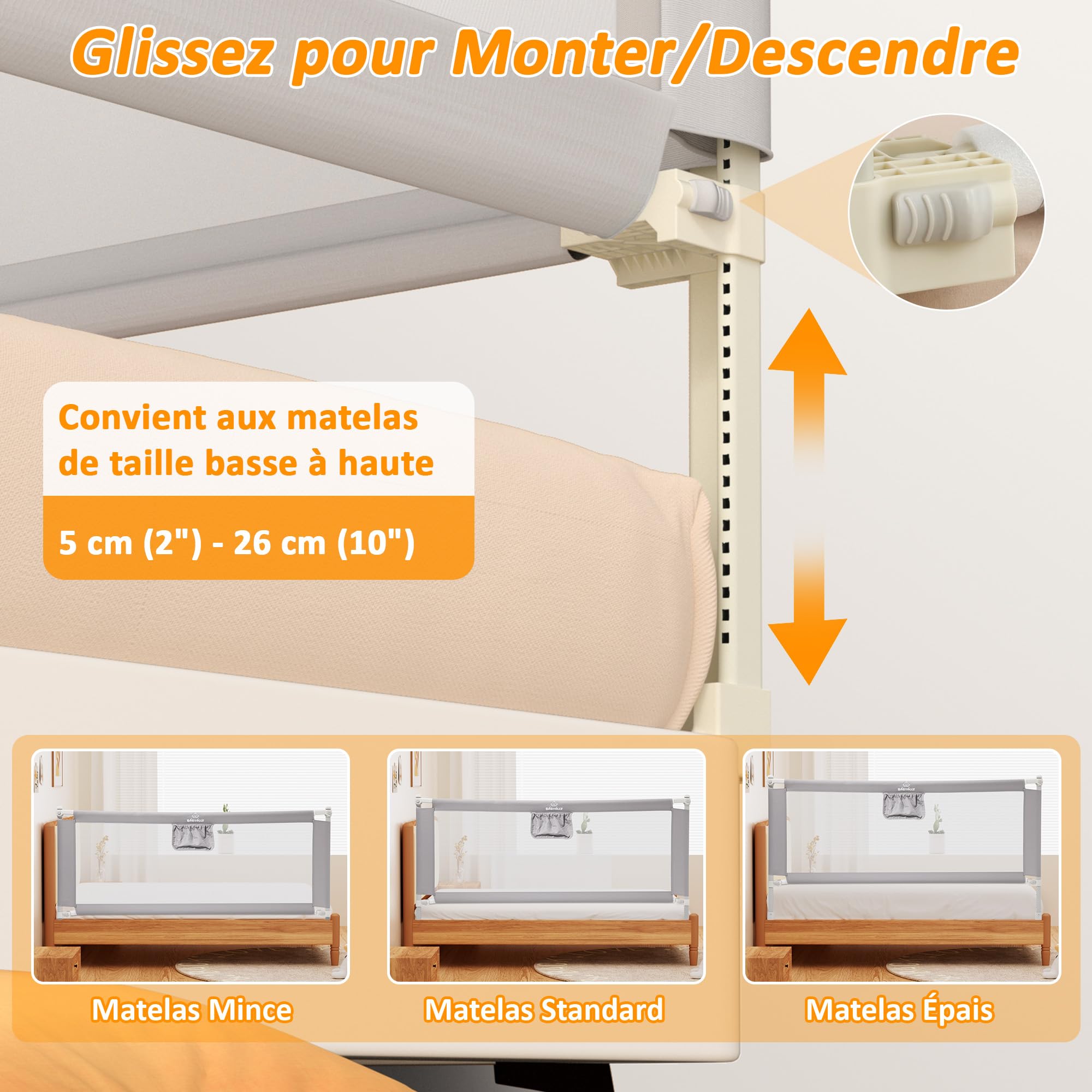 Barrière de lit enfant pliable 140cm sécurité avec élévation verticale double verrouillage
