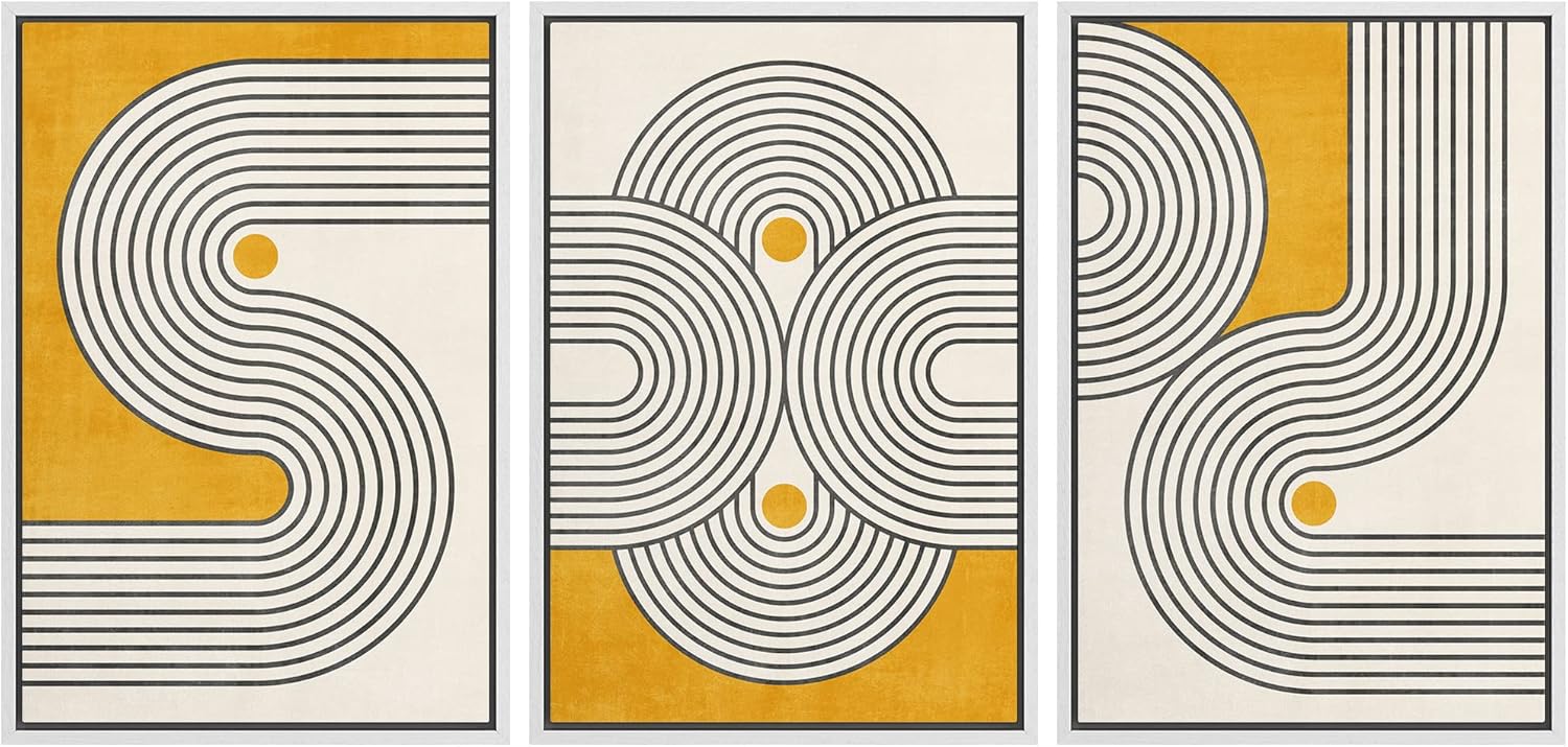 NWT Framed Canvas Print Wall Art Set Black Yellow Zebra Stripe Pattern Abstract Geometric Illustrations Modern Art Decorative Multicolor Calm/Zen for Living Room, Bedroom, Office - 24"x36"x3 White