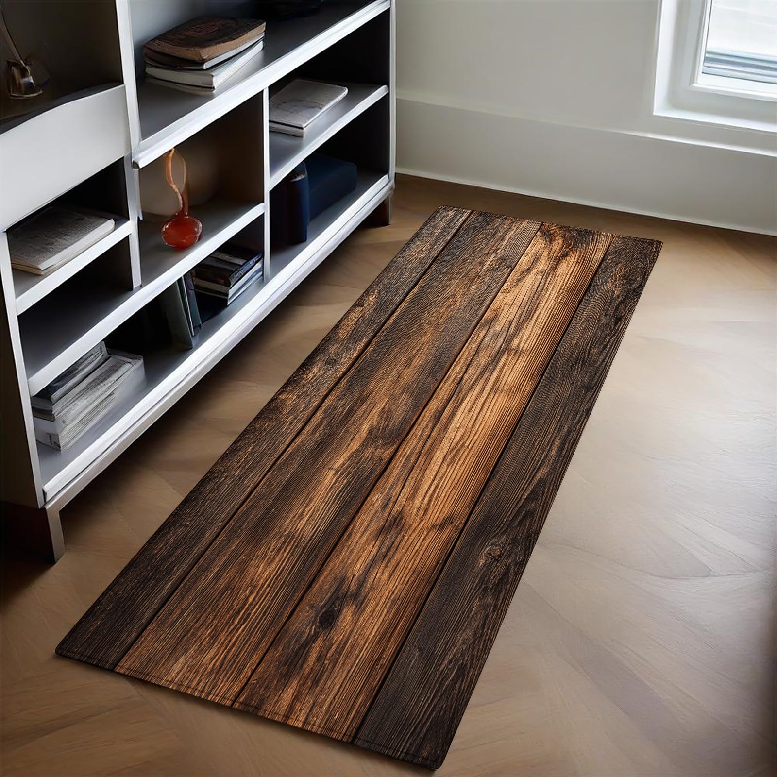 Teppich Läufer 60x180 cm Landhaus-Holzmaserungspaneele Rutschfester Teppichläufer Brown für Wohnzimmer Flur Küche Waschbar Pflegeleicht
