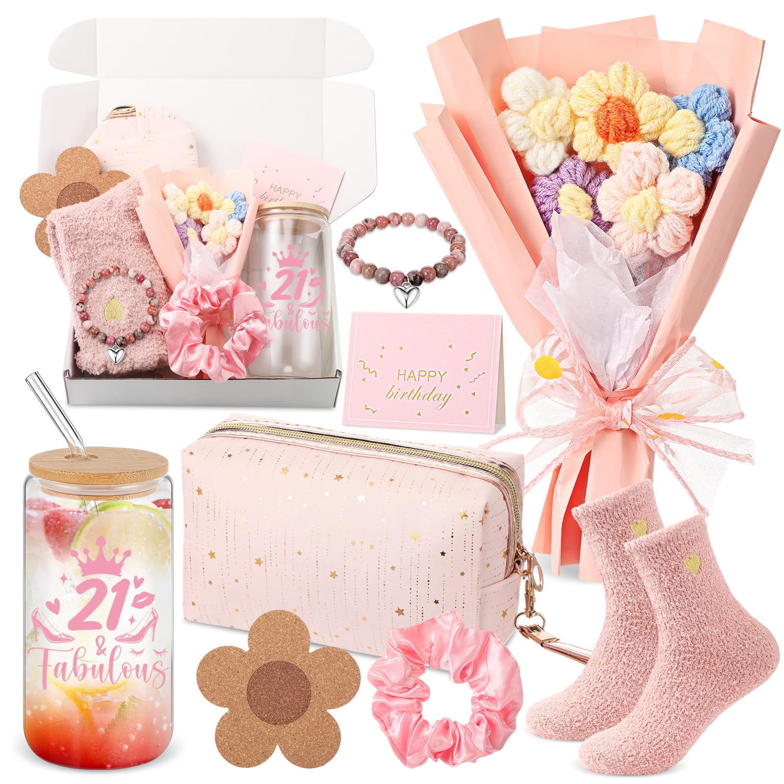 Yetene 8 Pcs 21st Birthday Gifts for Women Happy 21st Birthday Gift Ideas for 21 Year Old, 21 Bday Decorations for Her Pink Presents for Friends, Wife, Mom, Bestie, Sister, Niece, Coworkers