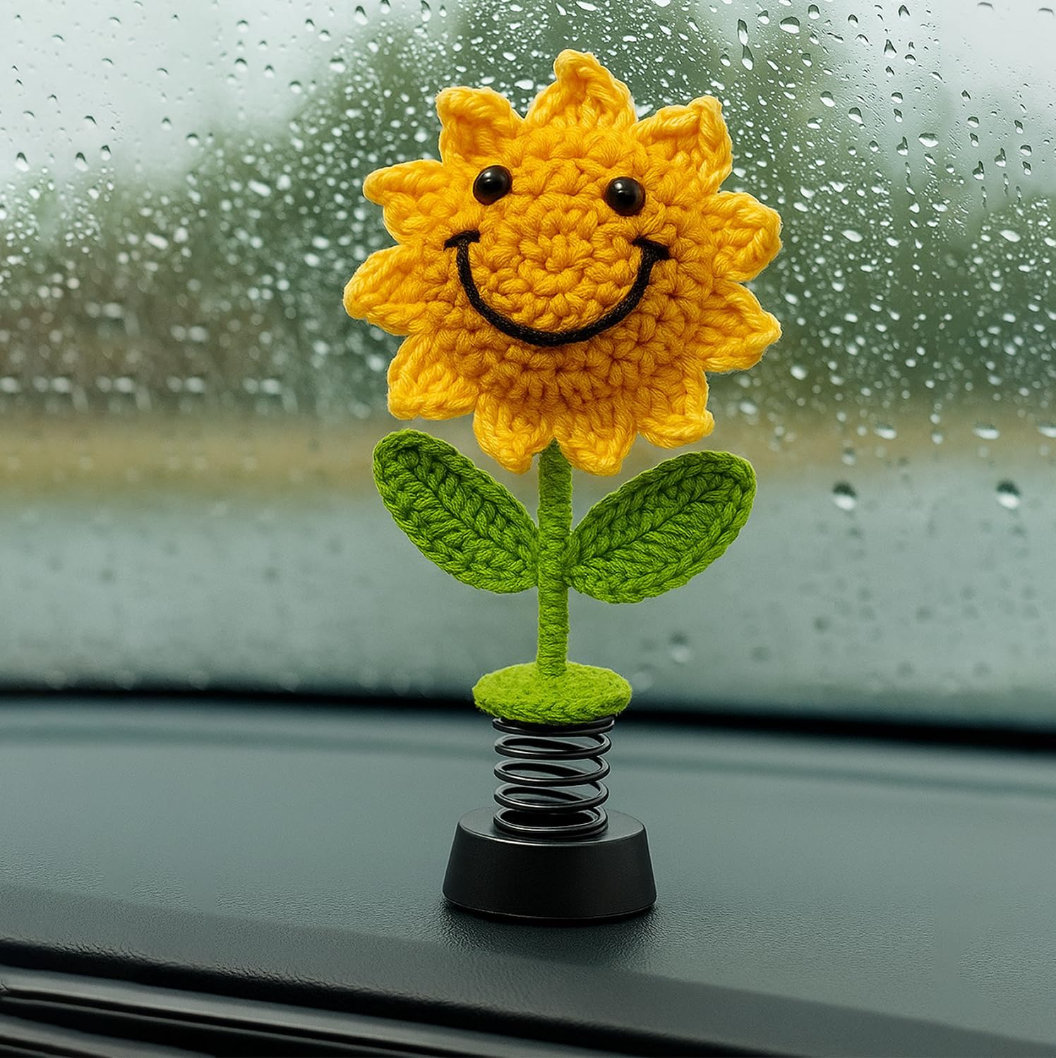 Handmade Crochet Sunflower Car Dashboard Decorations Gifts for Women, Cute Sun Flower Hippie Car Bobblehead Dashboard Decor, Smiley Face Mini Sunflower Spring Desk Decorations
