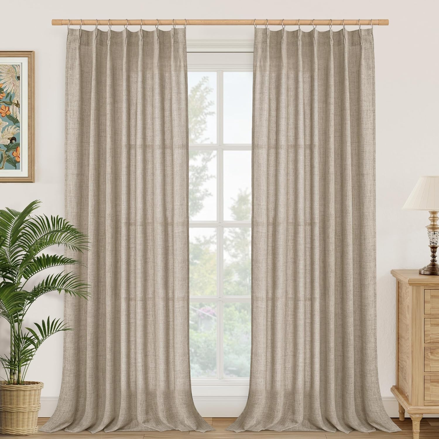 YoungsTex 90 Inch Length Linen Curtains for Living Room 2 Panels, Oatmeal Light Filtering Drapes with Pinch Pleated for Bedroom Office Country Semi Sheer Rustic Back Tab, 40 X 90 Inch