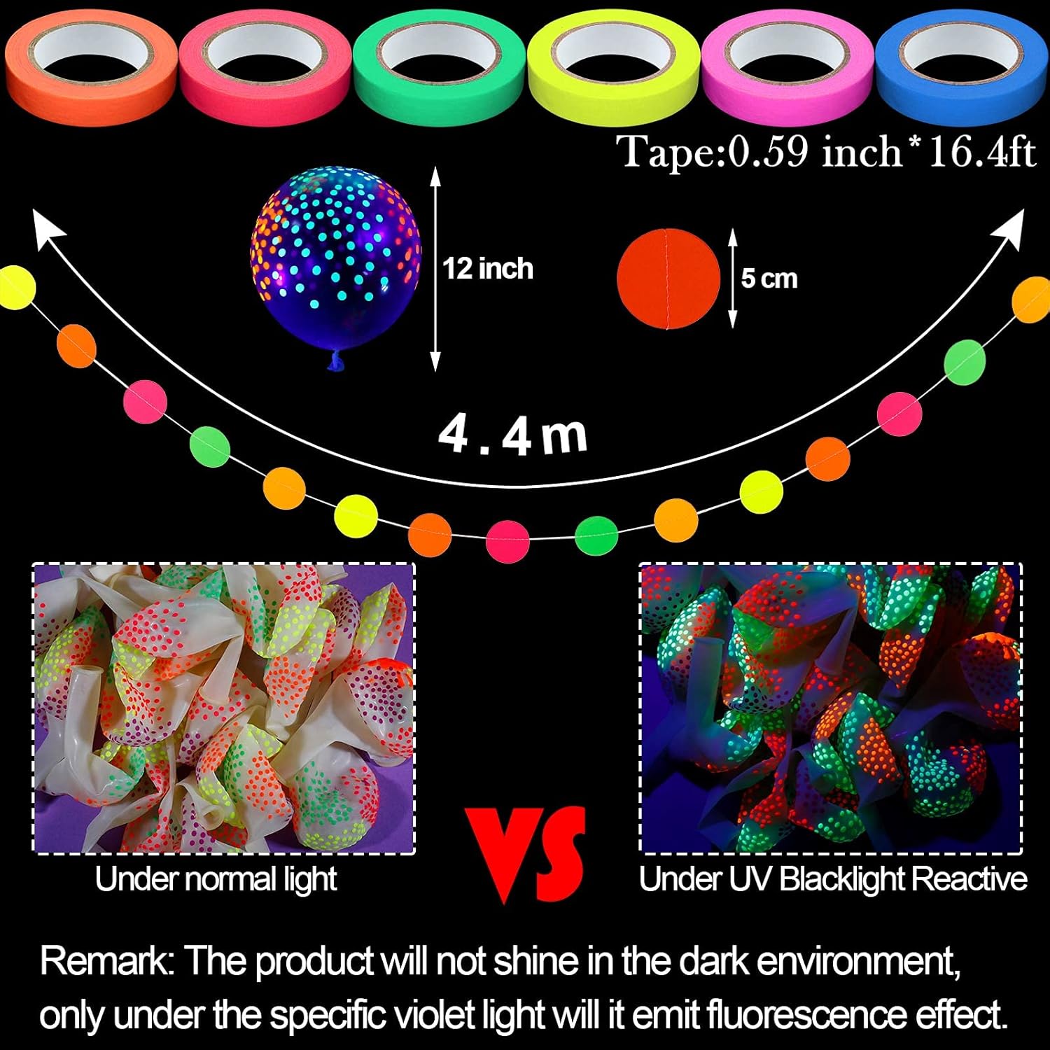 Skylety 32 Pcs Glow in The Dark Party Supplies Neon Party Favors with 25 Fluorescent Balloon 6 Rolls 98.4 ft UV Blacklight Luminous Tape 14.4 ft Neon Streamer Garland for Adults(Clear Dot)
