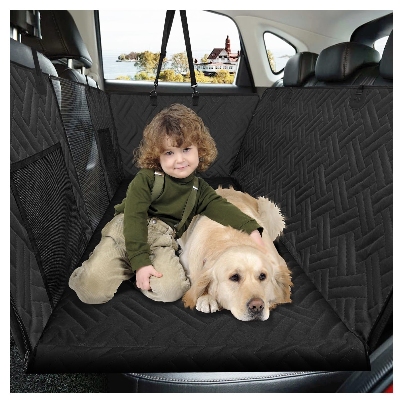 Back Seat Extender for Dogs, Dog Hammock for Car Hard Bottom,Dog Backseat Extender Protector Waterproof Hard Bottom Car Seat Cover for Dogs with Mesh Window for SUVs,Cars,Trucks