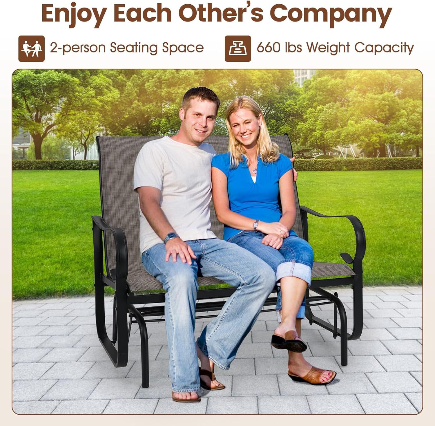 Giantex 2-Person Outdoor Glider Bench with High Backrest, Mesh Fabric, Metal Frame, 660Lbs Capacity, Rocking Chair, Swing Loveseat, Patio Glider for Garden, Poolside, Yard (31.5"x41"x37",Mix Brown)