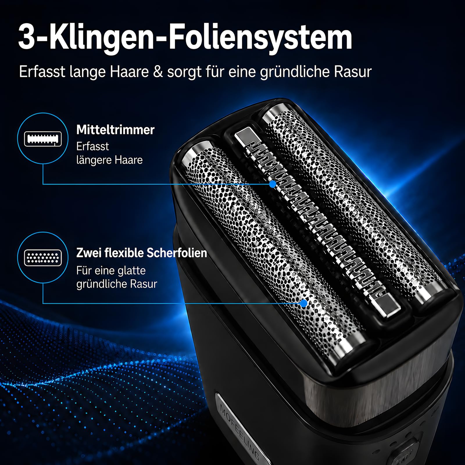 Rasierer Herren Elektrisch Mit 3 Flexiblen Klingen, Elektrorasierer Herren Mit 8,000 RPM & IPX7 Wasserdicht, USB-C Wiederaufladbar Trimmer für Männer, Kabellos Mit Reisesperre
