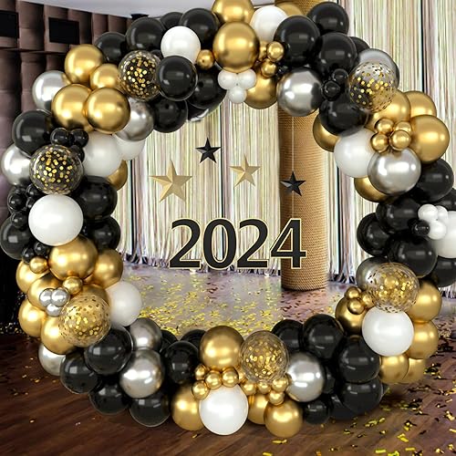 Miniatura 6 de Kit de guirnalda de arco de globos de oro negro de 159 piezas, globos de látex de confeti dorado metálico y plateado para decoraciones de graduación