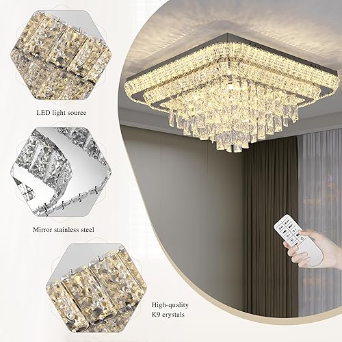 Miniatura 4 de COCOSTAR Candelabros de cristal, candelabro LED moderno de lujo, candelabro de techo cuadrado de montaje al ras de 34", candelabros de gota de