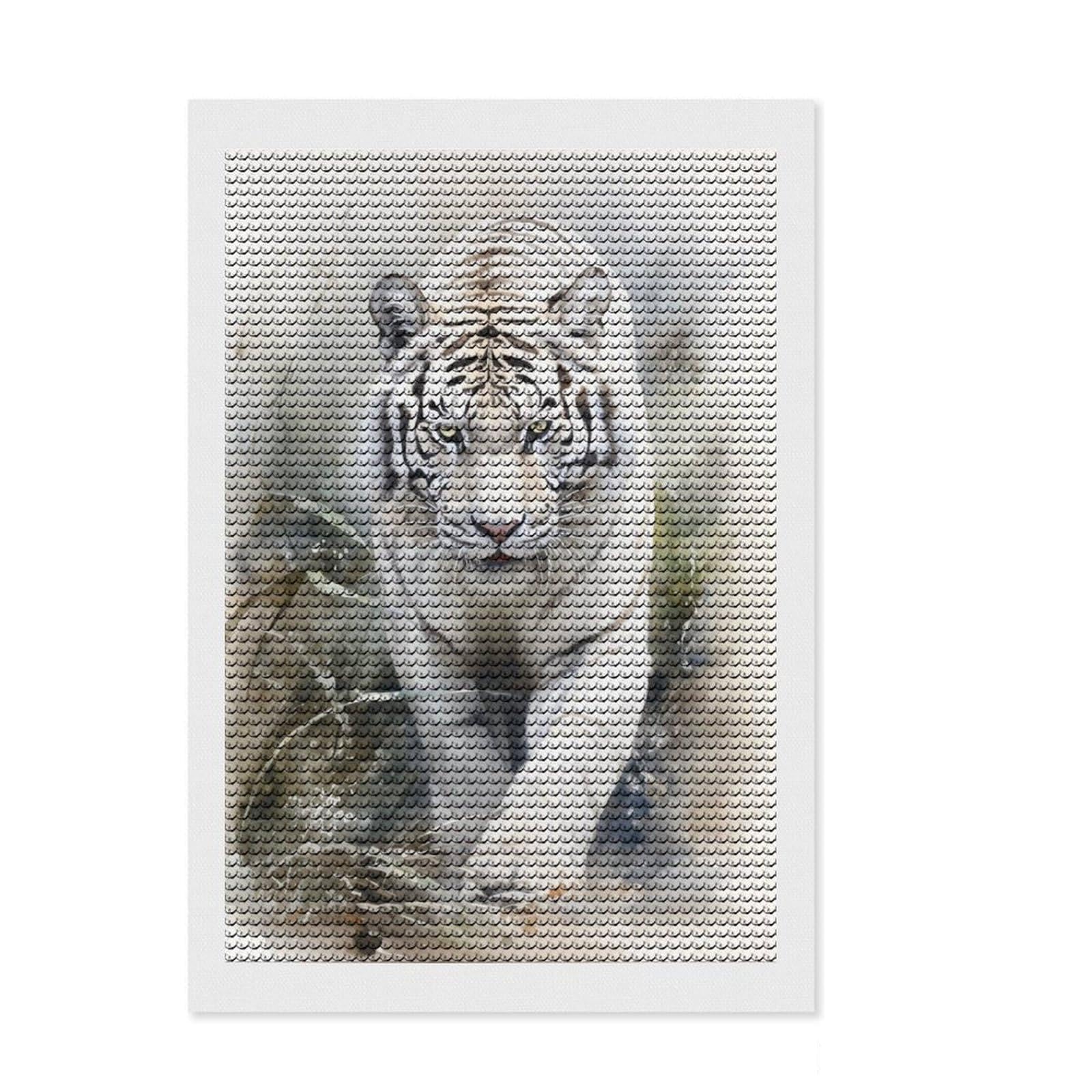 Junmoney Watercolor White Tiger DIY Diamond Art Canvas Kit 8"x12", Farmhouse Decor, Cute Room Decor, with Tool Kit, Fun Craft Activity