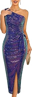 Women Sleeveless One Shoulder Sequin Dress Sparkly Glitter Wrap Dress Cocktail Wedding Maxi Dresses with Slit