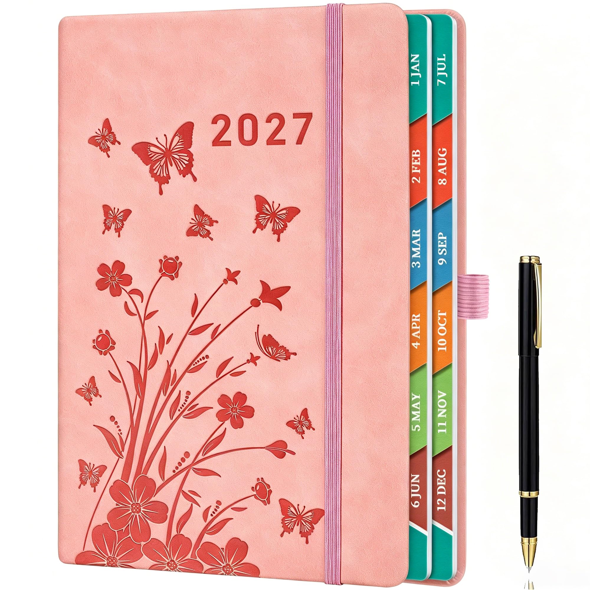 2027 Daily Diary A5 Page-A-Day Planner – 100 GSM Paper, Elastic Closure, Pen Loop, Inner Pocket, Daily Appointment Organiser, Pink