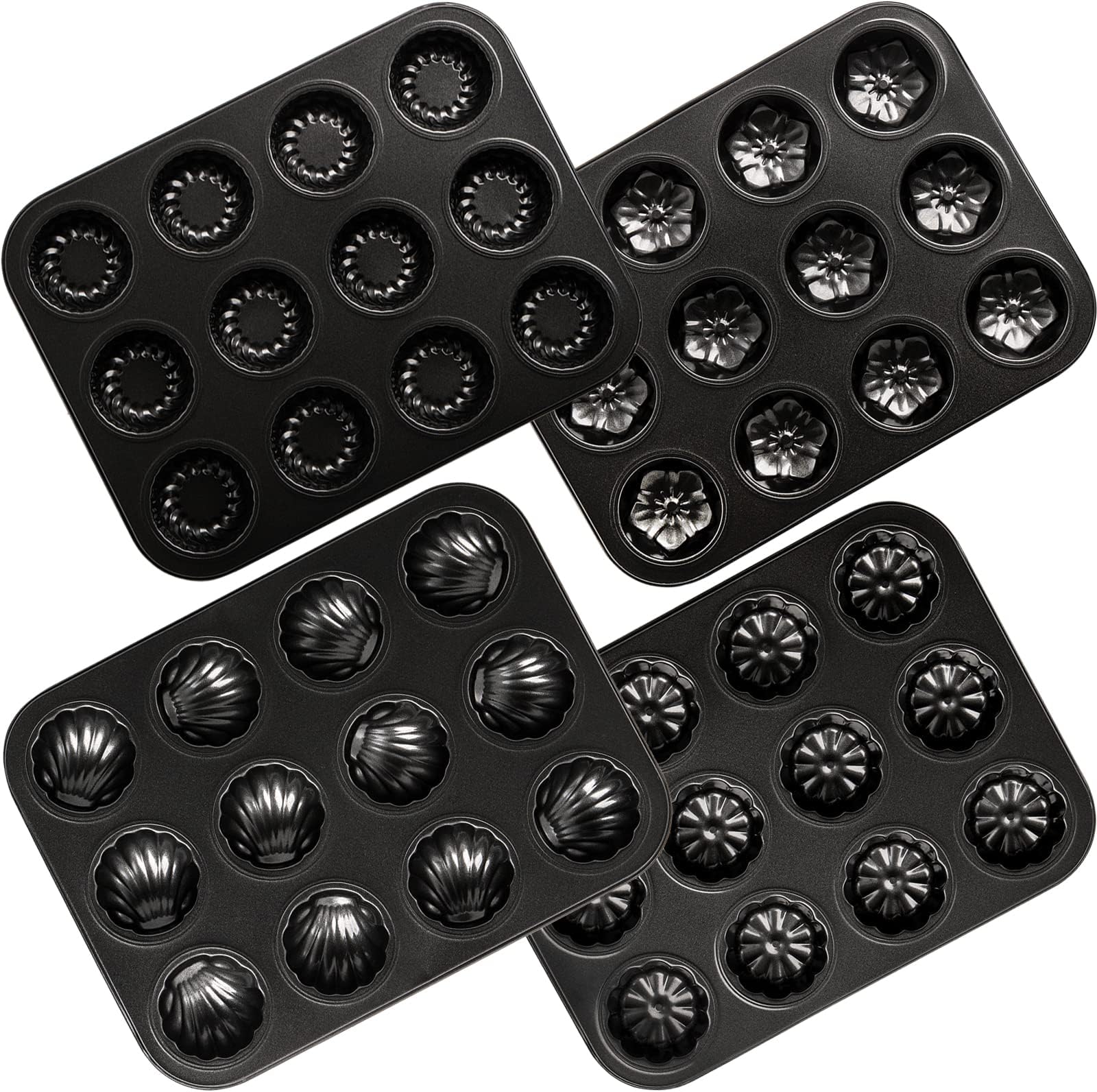 Hiceeden 4 Pack 12 Cavity Madeleine Pans, Non-Stick Cake Pan Madeleine Mold, Mini Carbon Steel Muffin Pan Bakeware for Baking, 1 Spherical Shell and 3 Floral Shape