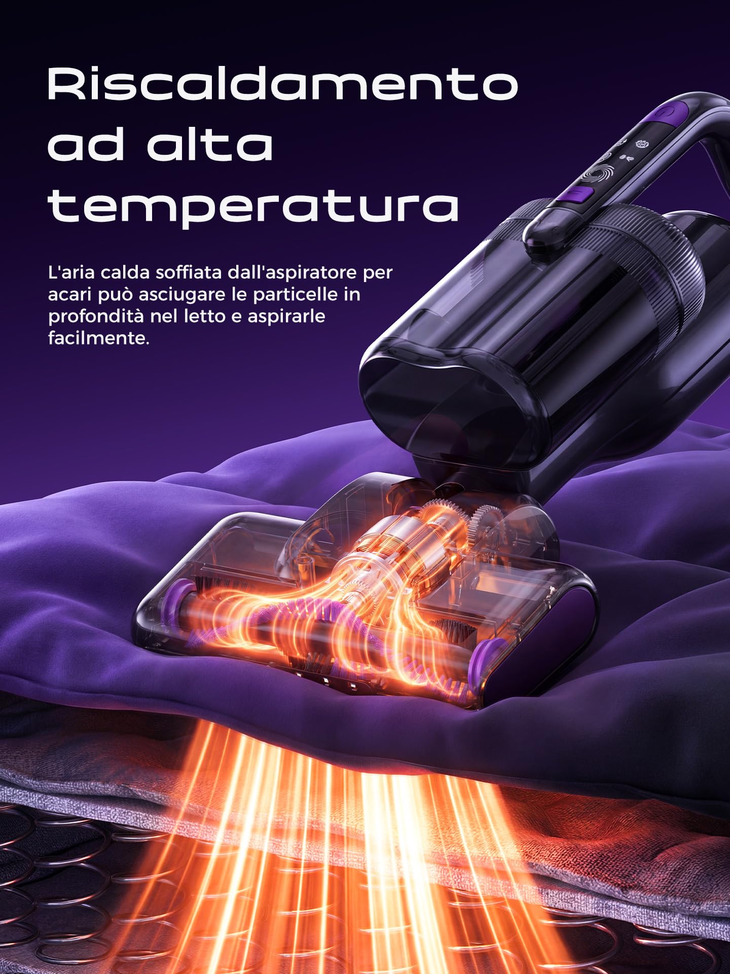 Battimaterasso Antiacaro, Aspirapolvere per Acari con Luce UV, 14000Pa Potente Aspirazione,Filtro HEPA,Aria Calda,Doppio Contenitore della polvere, per Materasso, Divano, Tappeti e Peluche–Cavo 4M