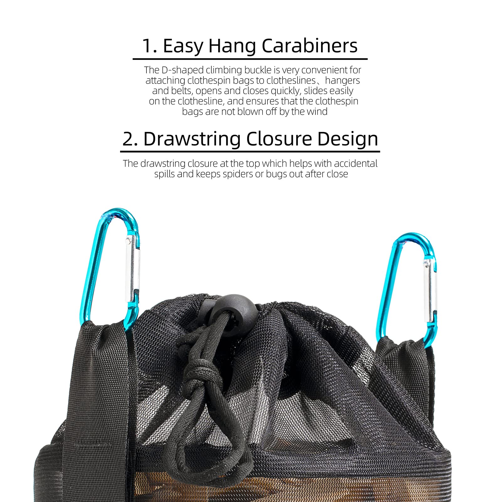 Netz-Wäscheklammer-Halter außen, mehrere Aufhänge-Methoden, Kleidernadel-Tasche mit Kordelzug, Belüftung und Feuchtigkeitsbeständigkeit, große Kapazität, Wäscheklammer-Organizer mit Haken