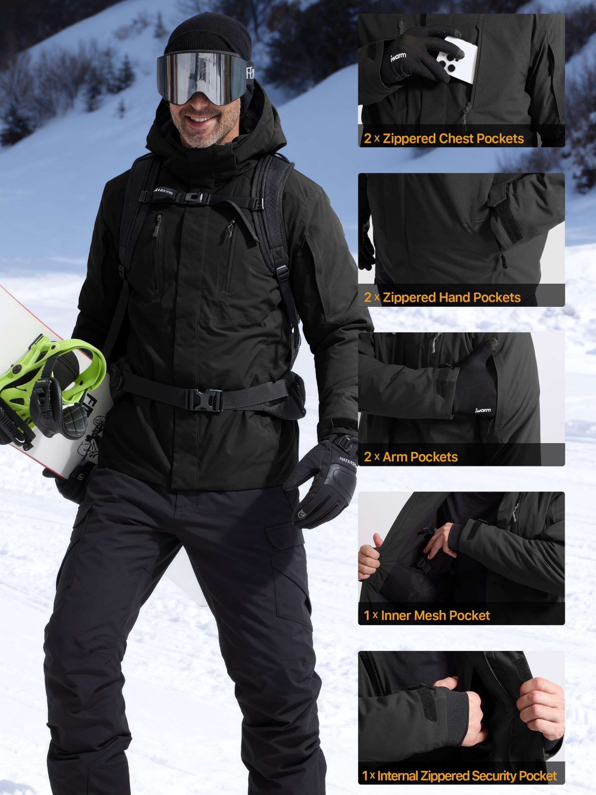 FREE SOLDIER Wasserdichte Skijacke für Herren, warm, mit Fleece gefüttert, Snowboard-Regenmantel, Kapuze, vollständig versiegelte Nähte