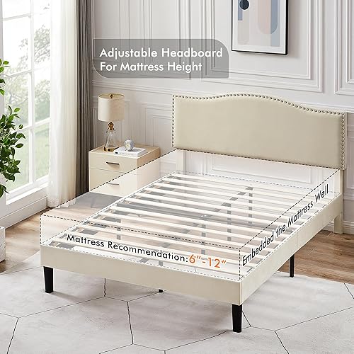 Miniatura 7 de VECELO Base de cama matrimonial con cabecera tapizada, marco fuerte y soporte de listones de alta resistencia, antideslizante y sin ruido, fácil