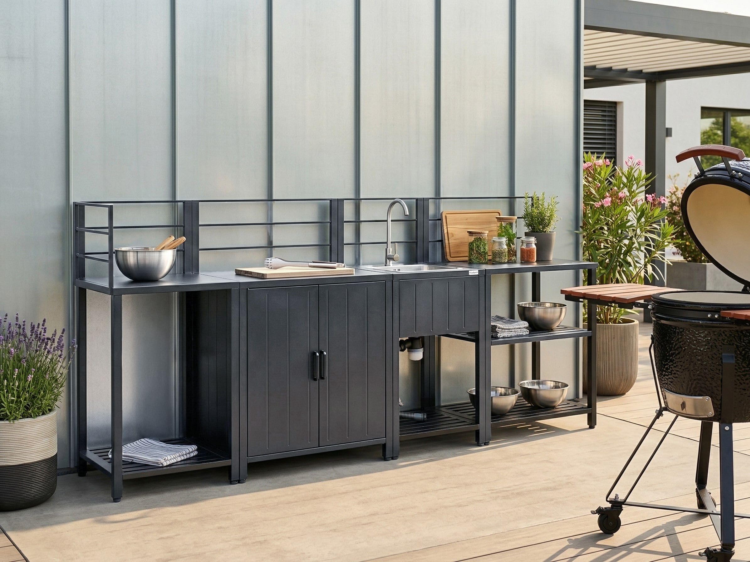 Beliani Set da Cucina da Esterno a 4 Pezzi con Mobile Contenitore in Alluminio Isola e lavello Grigio Grafite