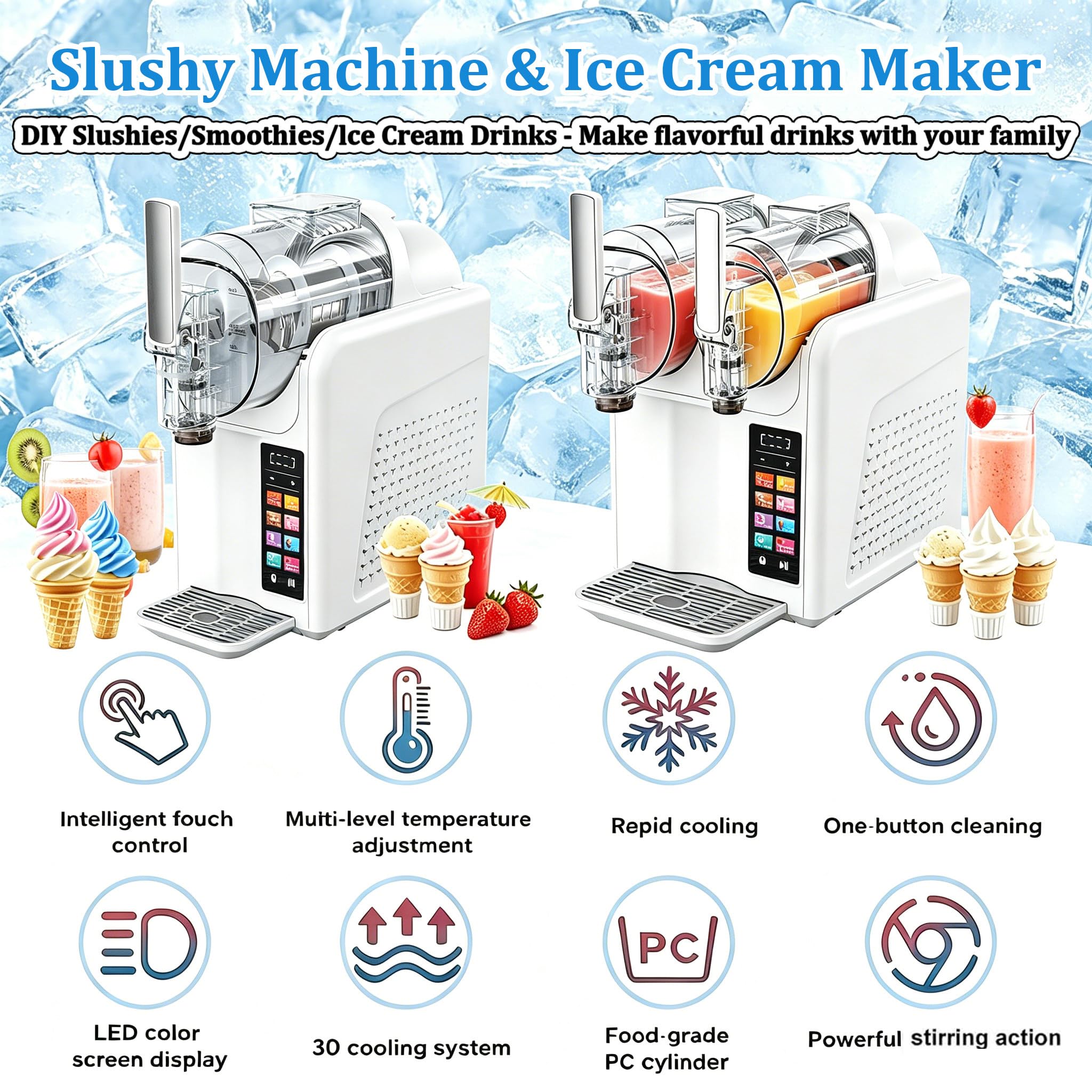 Machine à Granita sans Glace, 2 en 1 : Boissons Glacées Et Crème Glacée Molle, Auto-Refroidissante avec 7 Programmes Prédéfinis, Panneau Tactile Et Nettoyage Automatique Black-twincylinder