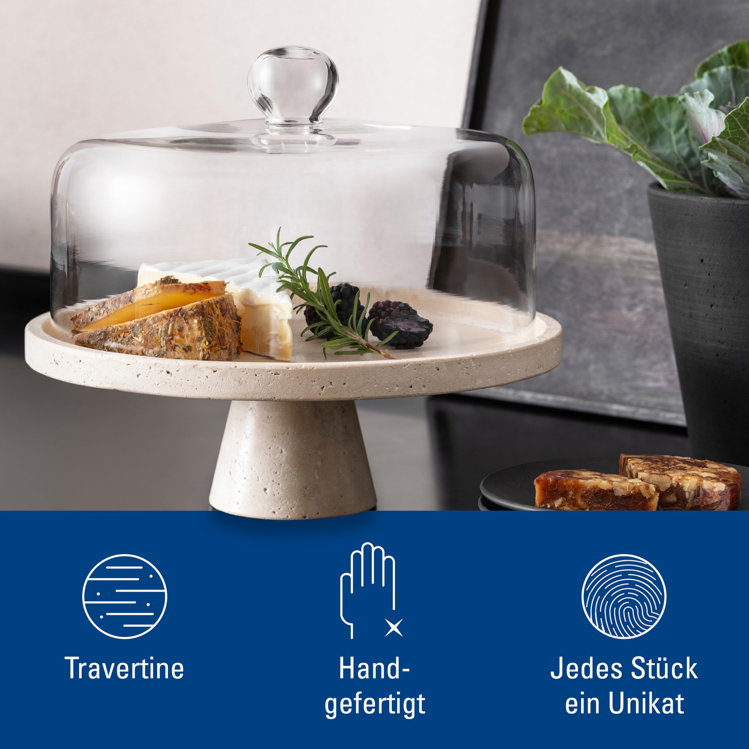 Villeroy & Boch – Manufacture Travertine półmisek do serwowania na nóżce beż, ręcznie wykonany, naturalny kamień w odcieniach piasku, miska, dekoracja stołu kamień, dekoracja, naczynia, trawertyn