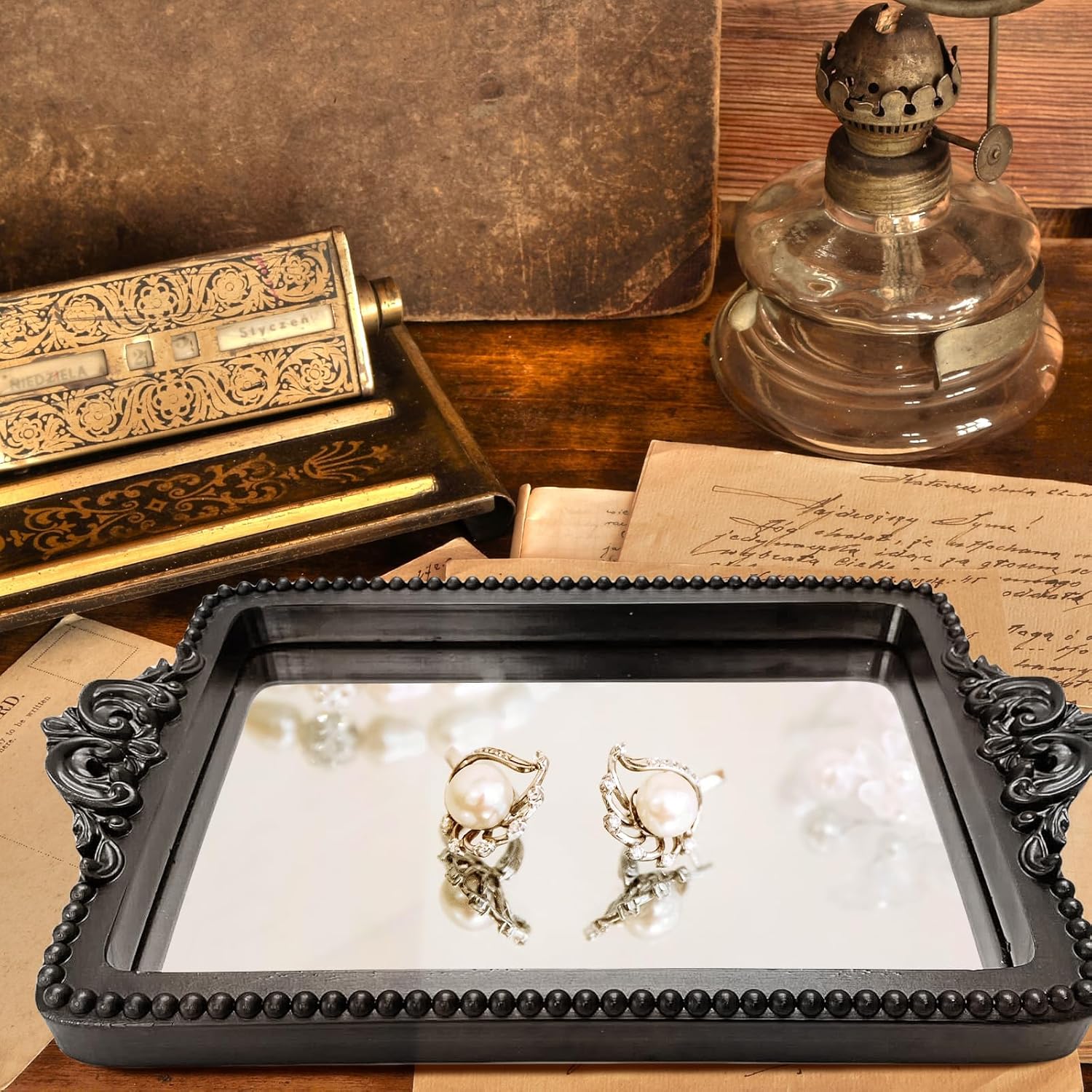 Vintage Black Tray with Mirror Glass Base | Card Holder for Guests During Occasions and Events or Decorative Home and Vanity Organizer - Image 3