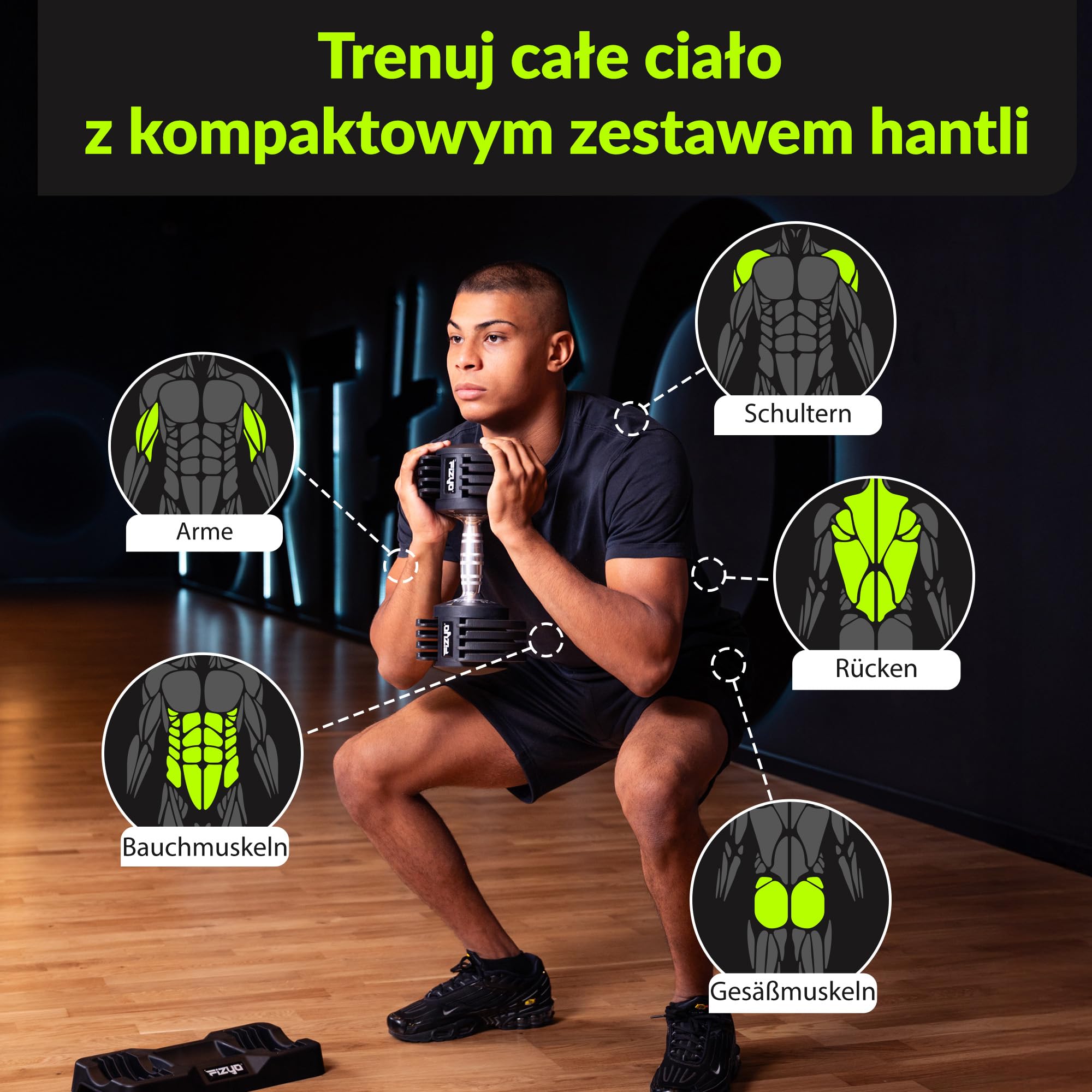 FIZYO Regulowany Hantel – Do Treningu Siłowego w Domu | Do Ćwiczeń i Treningu Siłowego, Szybka Zmiana Obciążenia, Kompaktowa Hantla do Domowej Siłowni z Podstawką