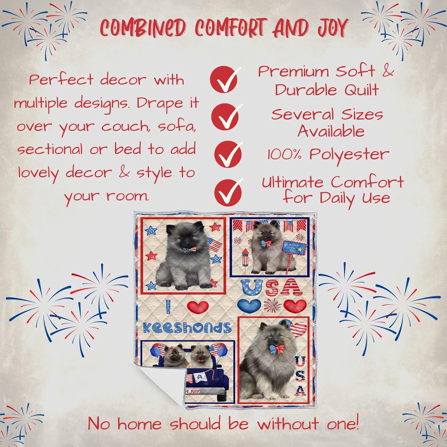 4th of July Independence Day I Love USA Keeshond Dog Quilt Bed Coverlet Bedspread - Pets Comforter with Unique One-Side Animal Printing - Soft Lightweight Washable Polyester Quilt, 50"x60"