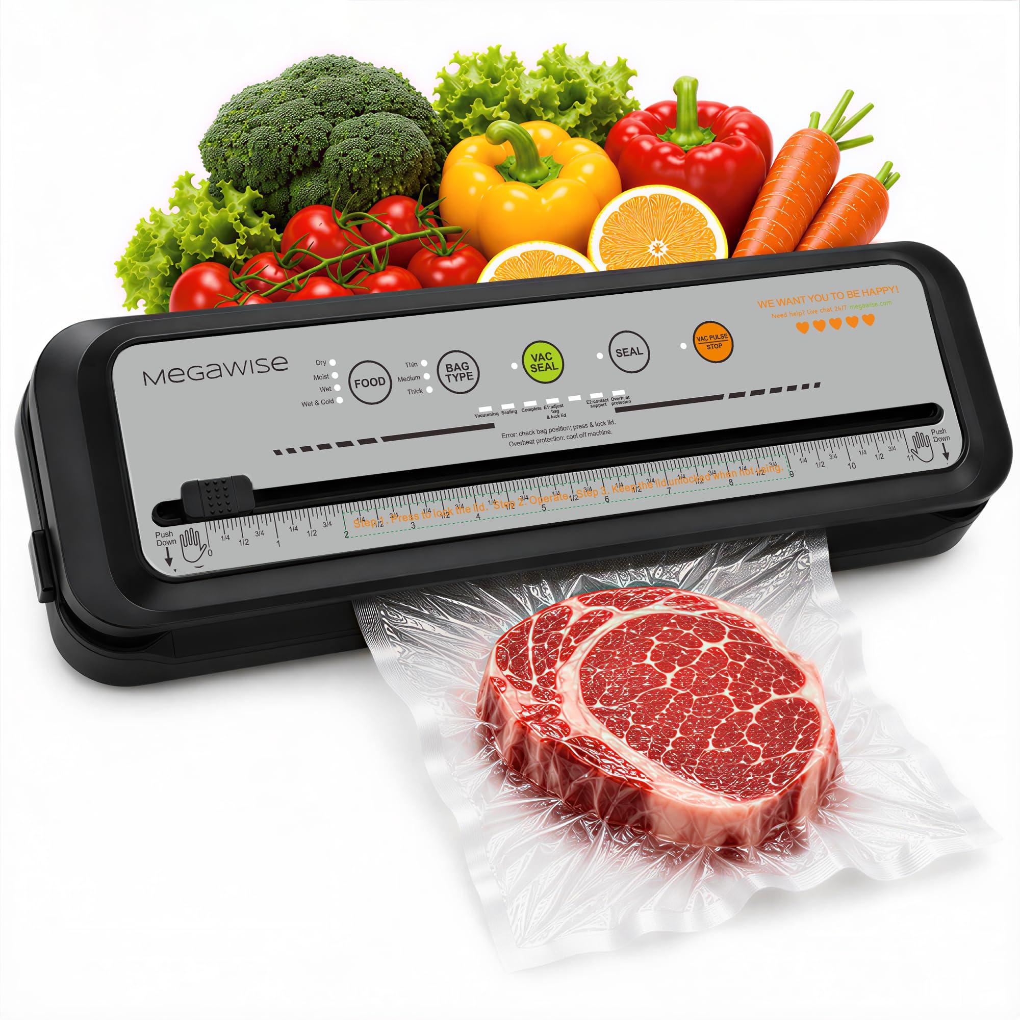 Macchina Sottovuoto MEGAWISE per Conservazione Alimenti – Sigillatrice Automatica con Aspirazione 80kPa, Taglierina Integrata, Design Compatto – Include Sacchetti e Tubo (bianco sporco)