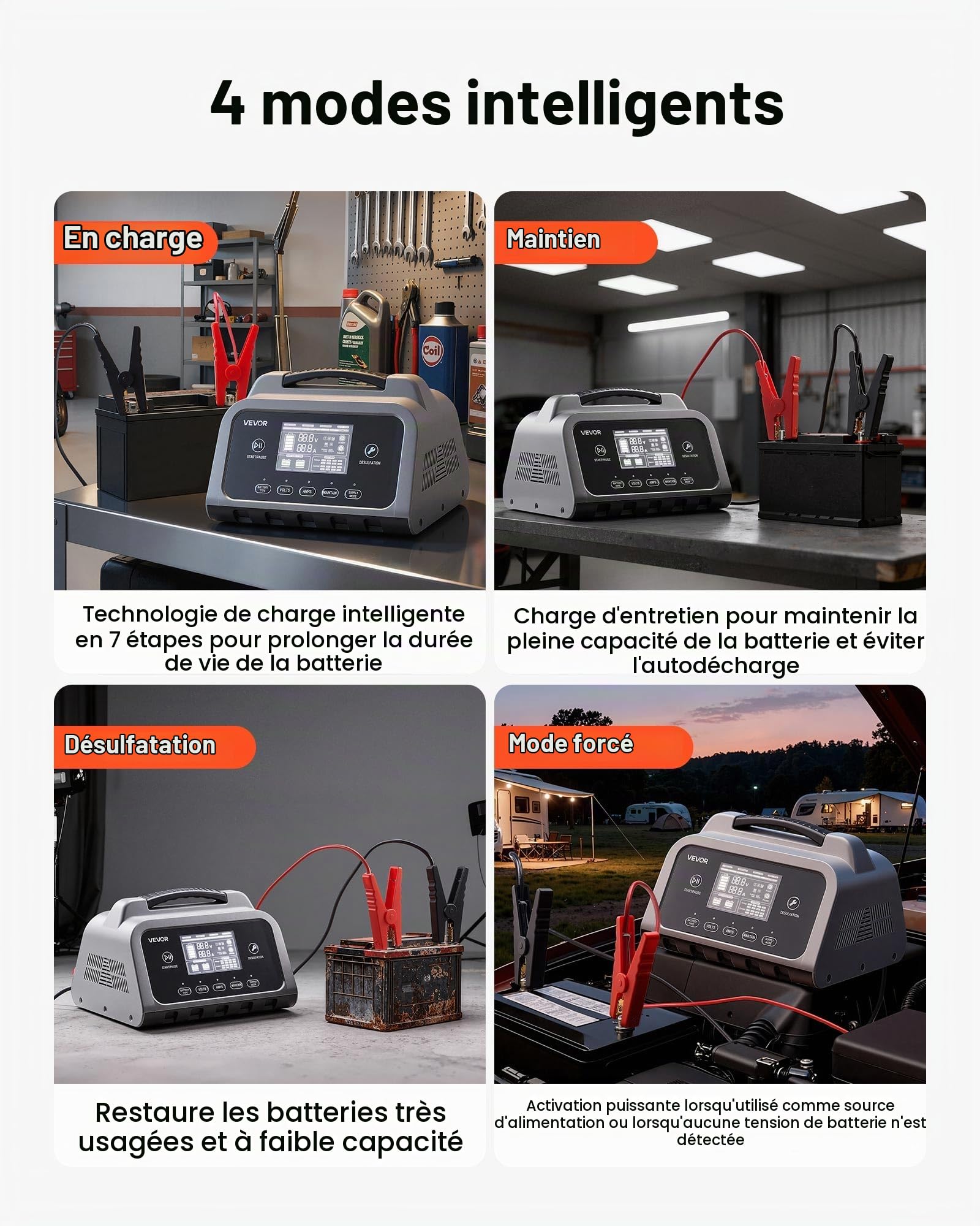 VEVOR Chargeur de Batterie Intelligent 30 A 6 V 12 V 24 V Chargeur de Batterie Voiture Lithium LiFePO4 Plomb-Acide pour Auto Moto Bateau Camping-Car, Maintien de Charge, Désulfatation, avec Écran LCD