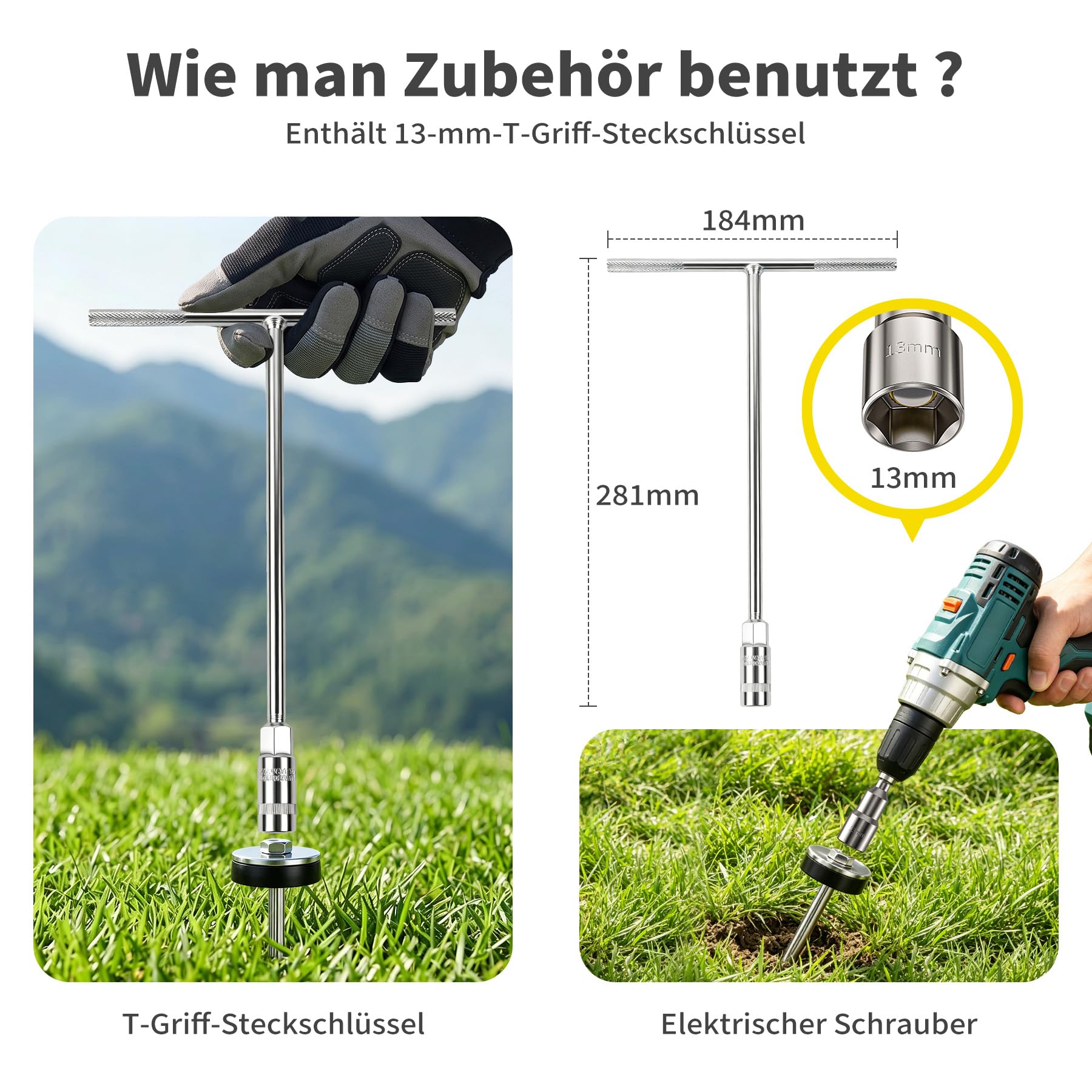 Zeltschrauben Camping Komplettset, 12-teiliges Universalschraubenset mit Drahtbürste und T-Griff-Schraubenschlüssel zur Befestigung von Zelten, geeignet für harten Boden und Waldwiese