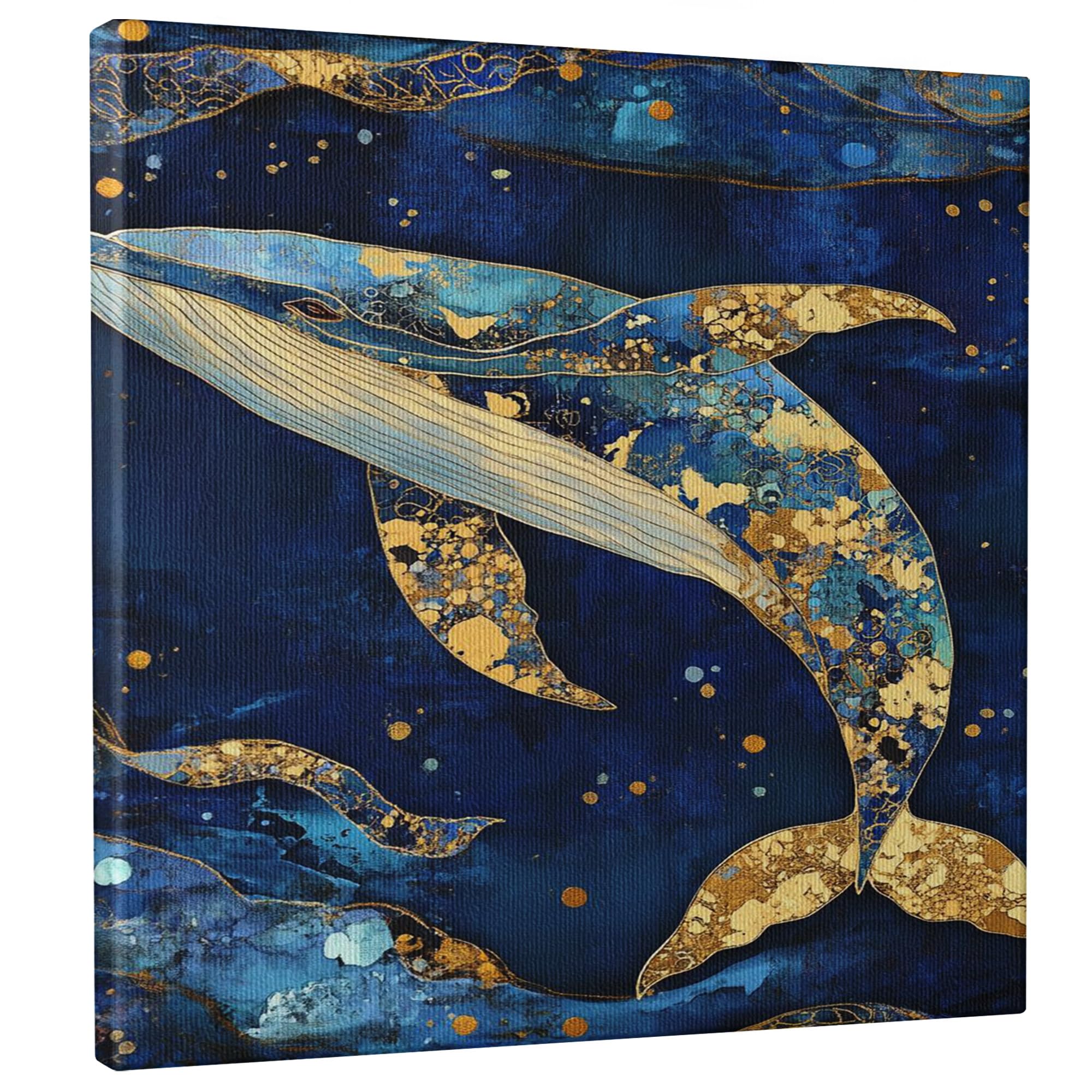 Whale Canvas Wall Art, Blue Gold Abstract Ocean Painting, Nautical Home Aesthetic Decor For Living Room, Bedroom, Office, Wrapped Canvas 8x10 Inch