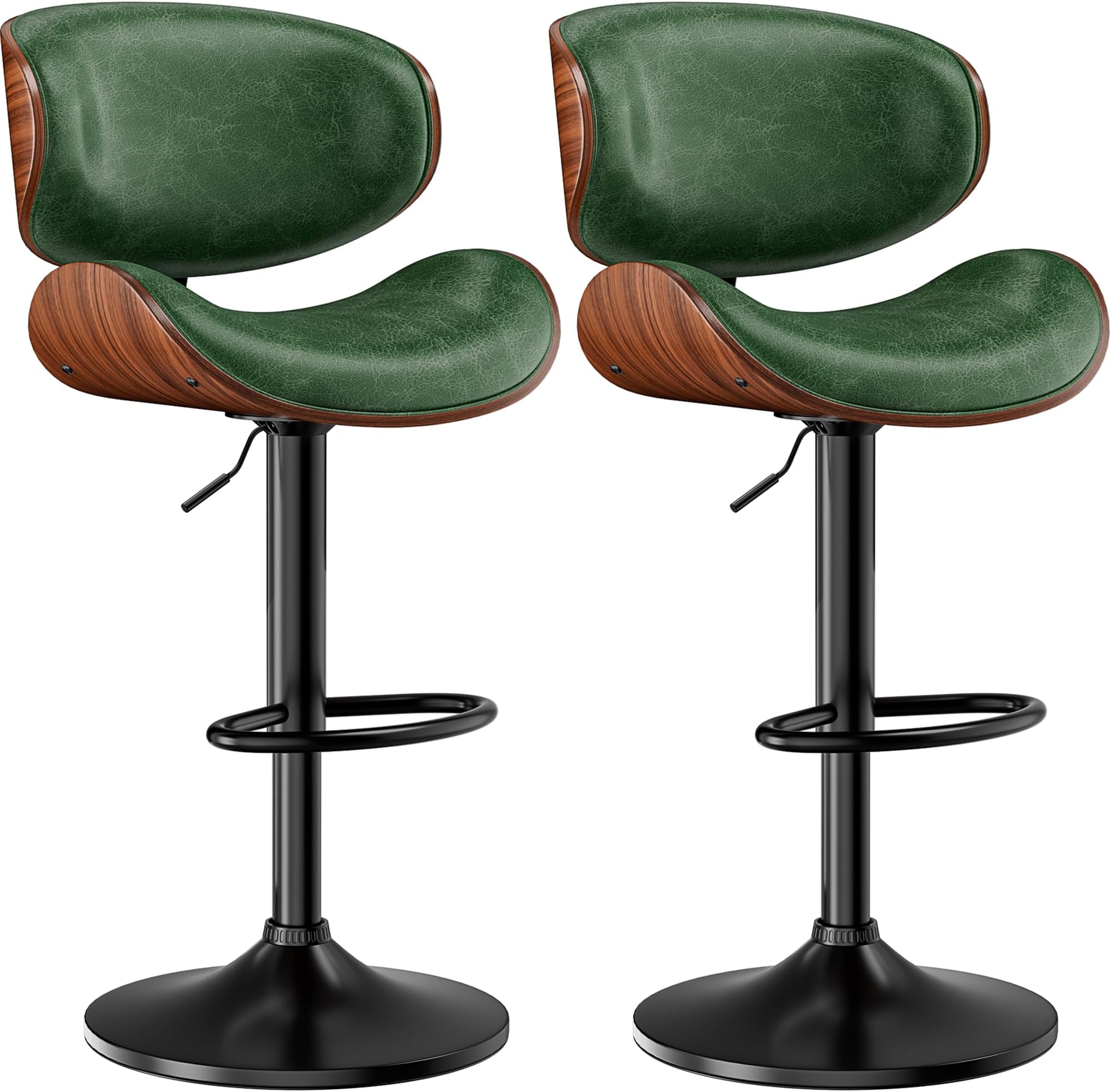 Bar Stools Set of 2, Adjustable Swivel Leather Bar Stools for Kitchen Island, Mid Century Modern Counter Height Bar Chairs Barstools with Back & Footrest (Green)