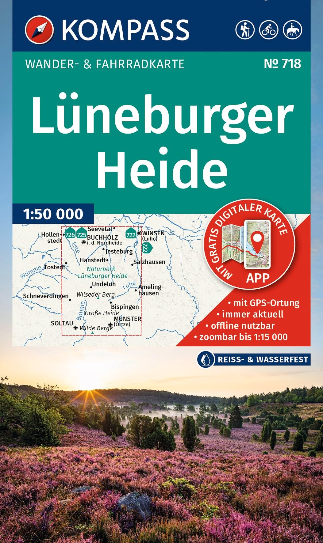 KOMPASS Wanderkarte 718 Lüneburger Heide 1:50.000: Wander- und Fahrradkarte in einem - inklusive Offline-Verwendung in der KOMPASS-App. Wander-& Radwege. Reiten.
